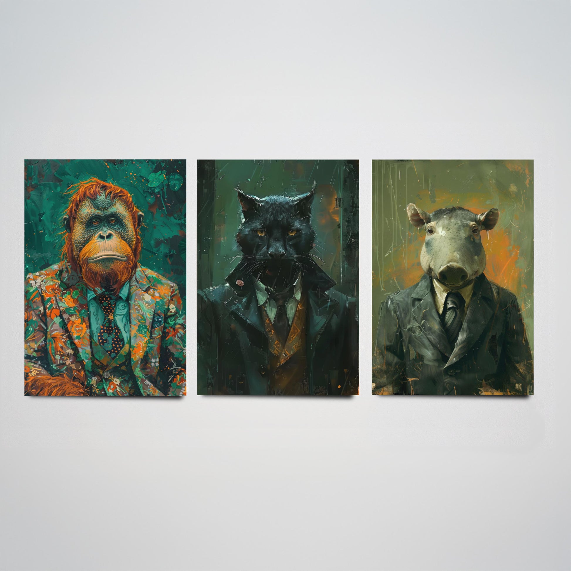 Animals in Suits Deep Jungle Set of Three Art Prints - Orangutan, Panther, Tapir Posters - Rainforest Portrait Painting