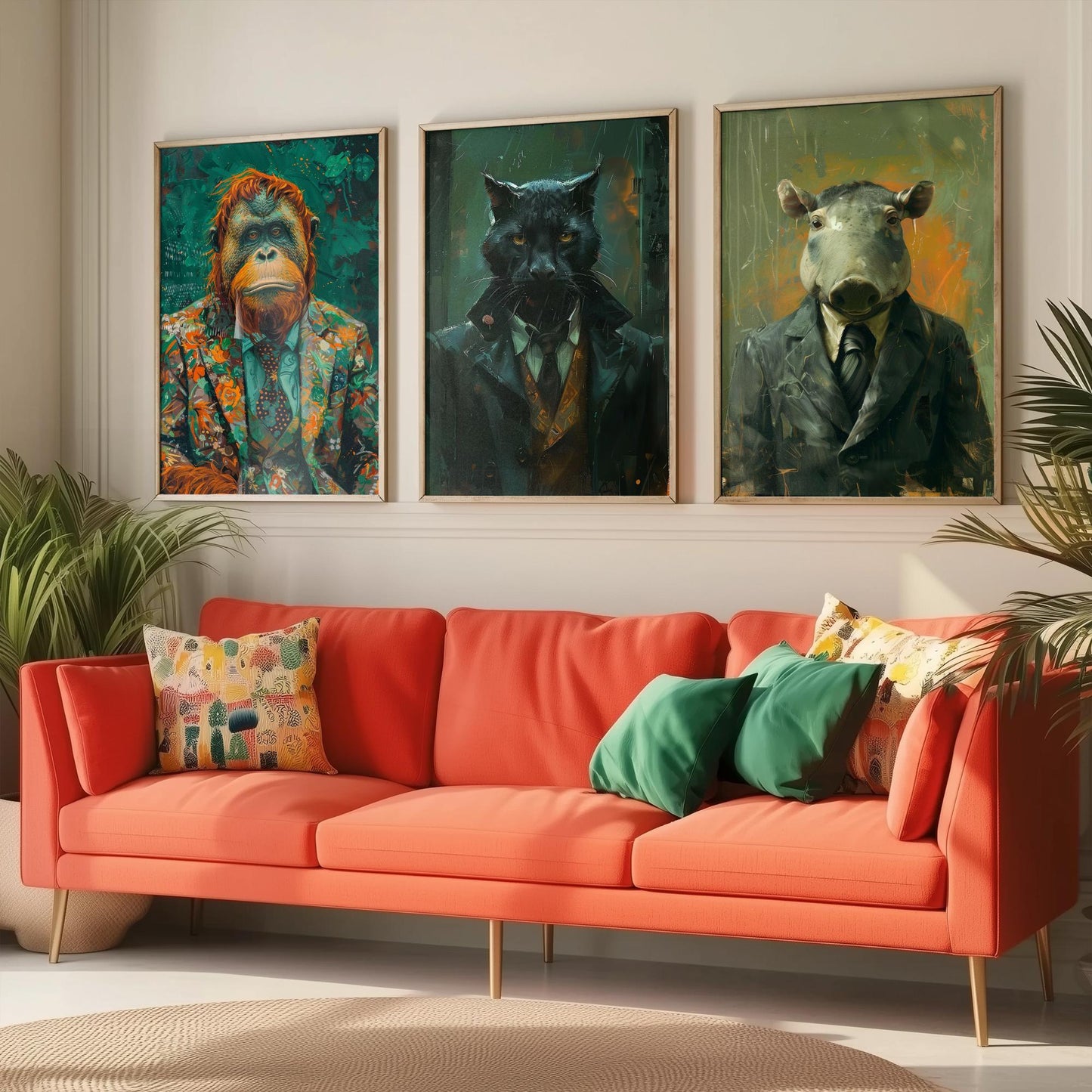 Animals in Suits Deep Jungle Set of Three Art Prints - Orangutan, Panther, Tapir Posters - Rainforest Portrait Painting