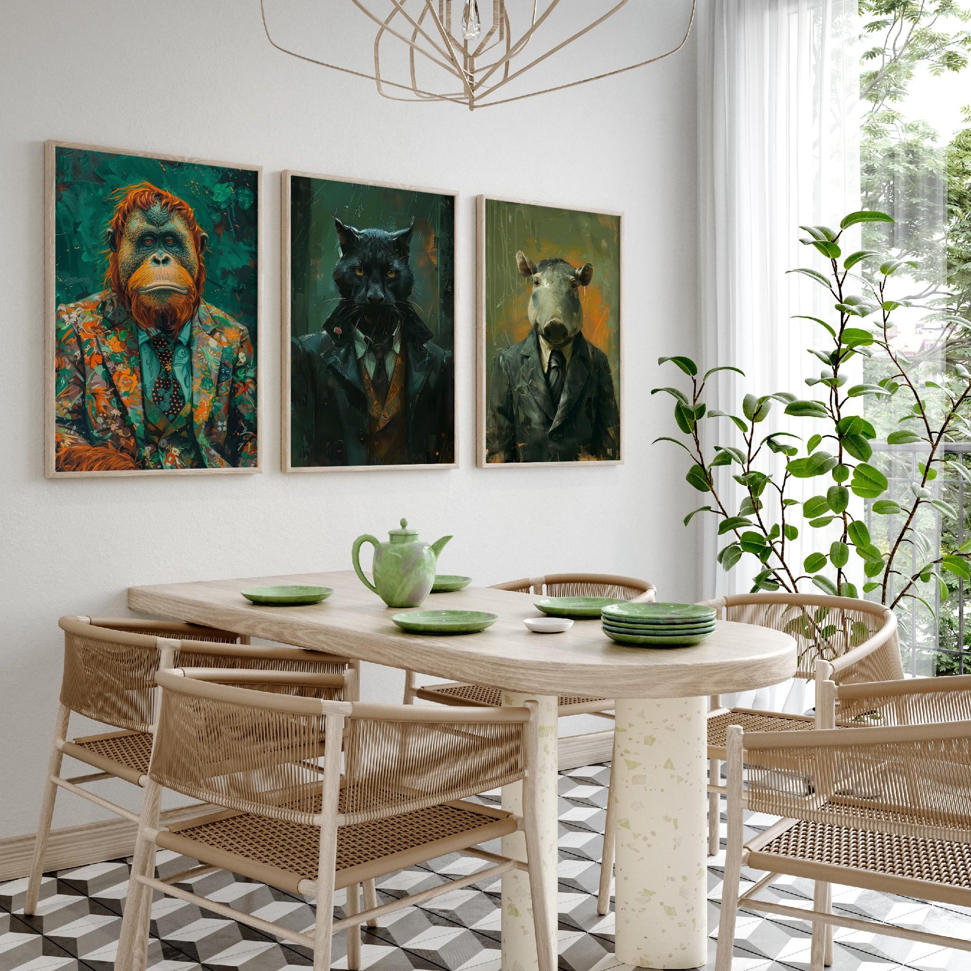 Animals in Suits Deep Jungle Set of Three Art Prints - Orangutan, Panther, Tapir Posters - Rainforest Portrait Painting