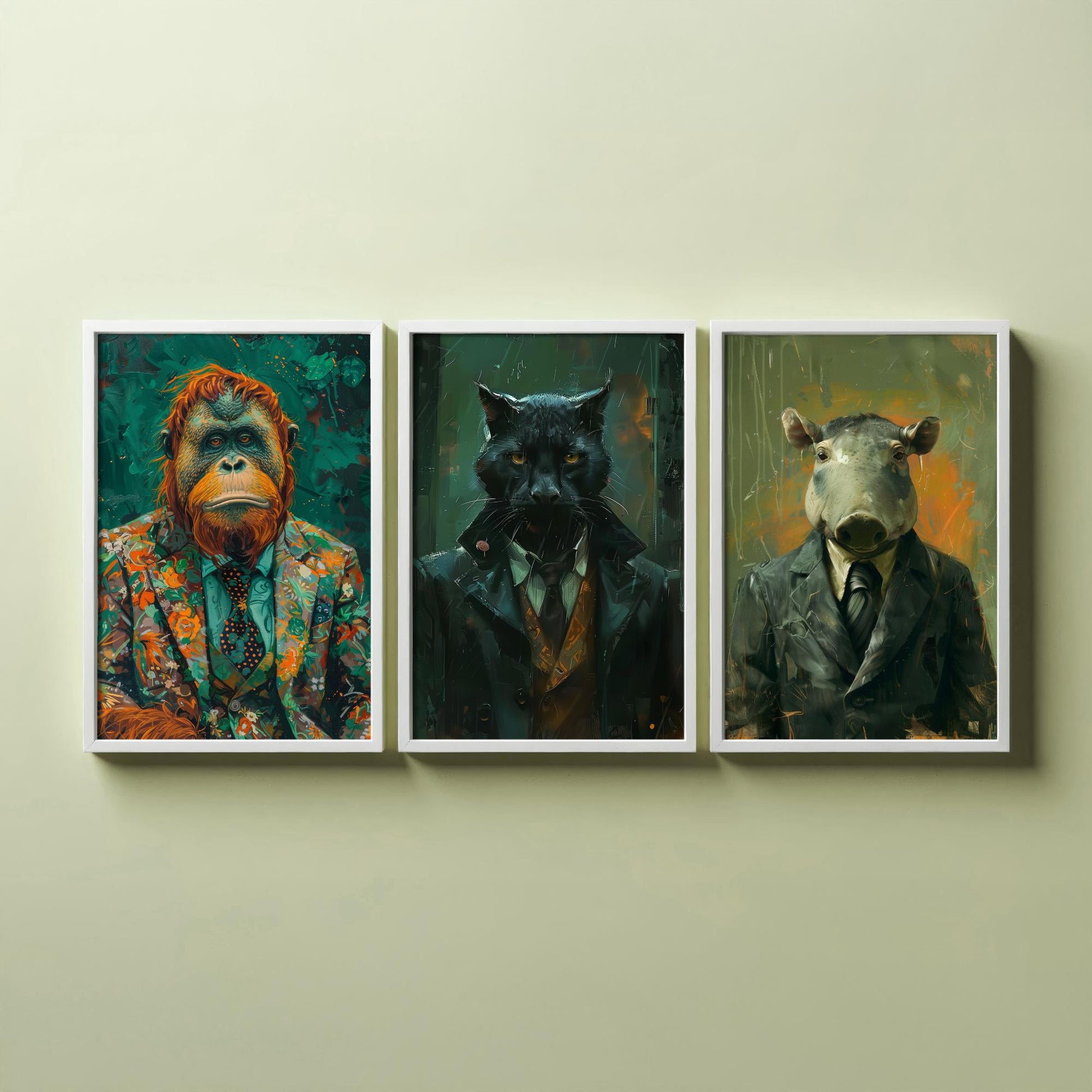 Animals in Suits Deep Jungle Set of Three Art Prints - Orangutan, Panther, Tapir Posters - Rainforest Portrait Painting