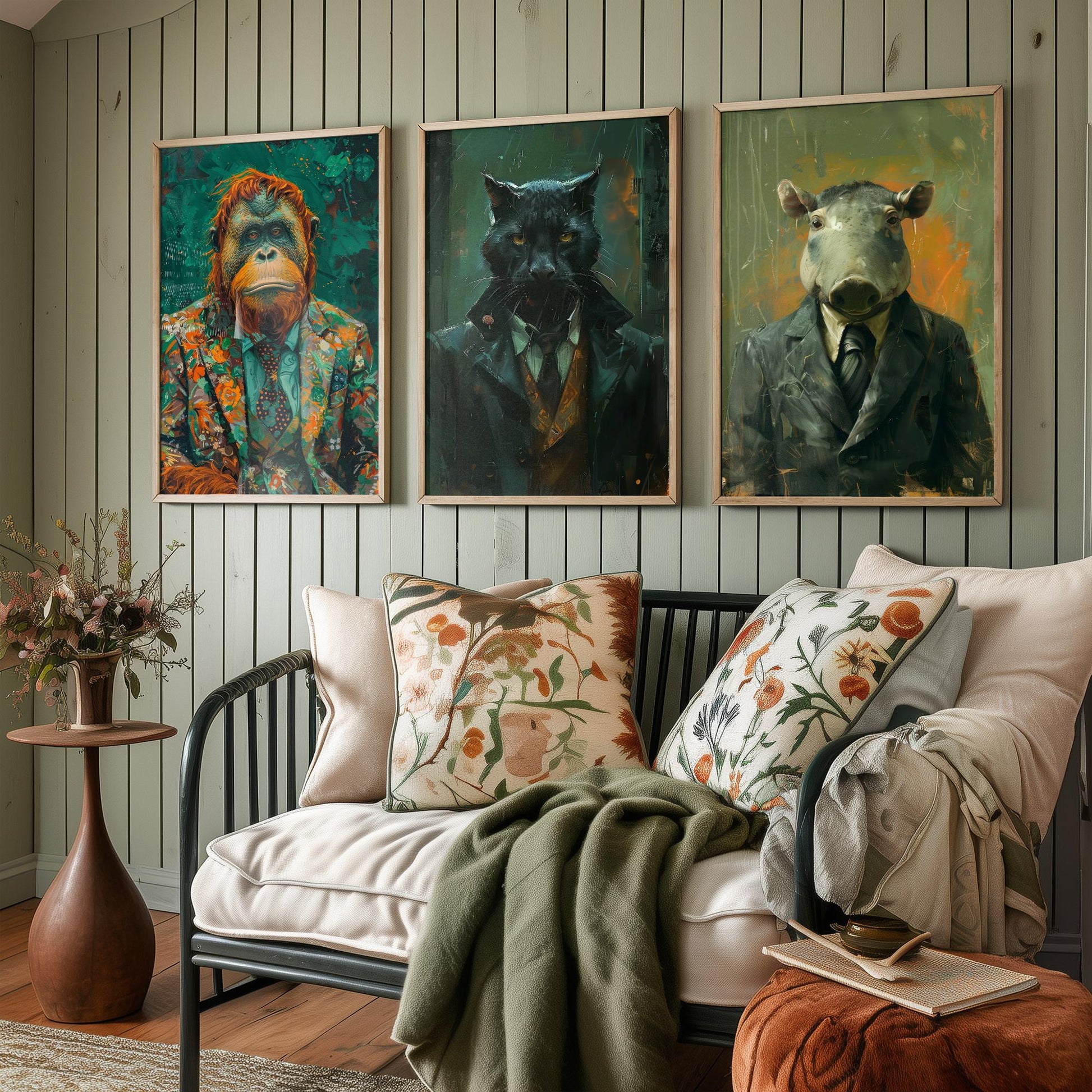 Animals in Suits Deep Jungle Set of Three Art Prints - Orangutan, Panther, Tapir Posters - Rainforest Portrait Painting