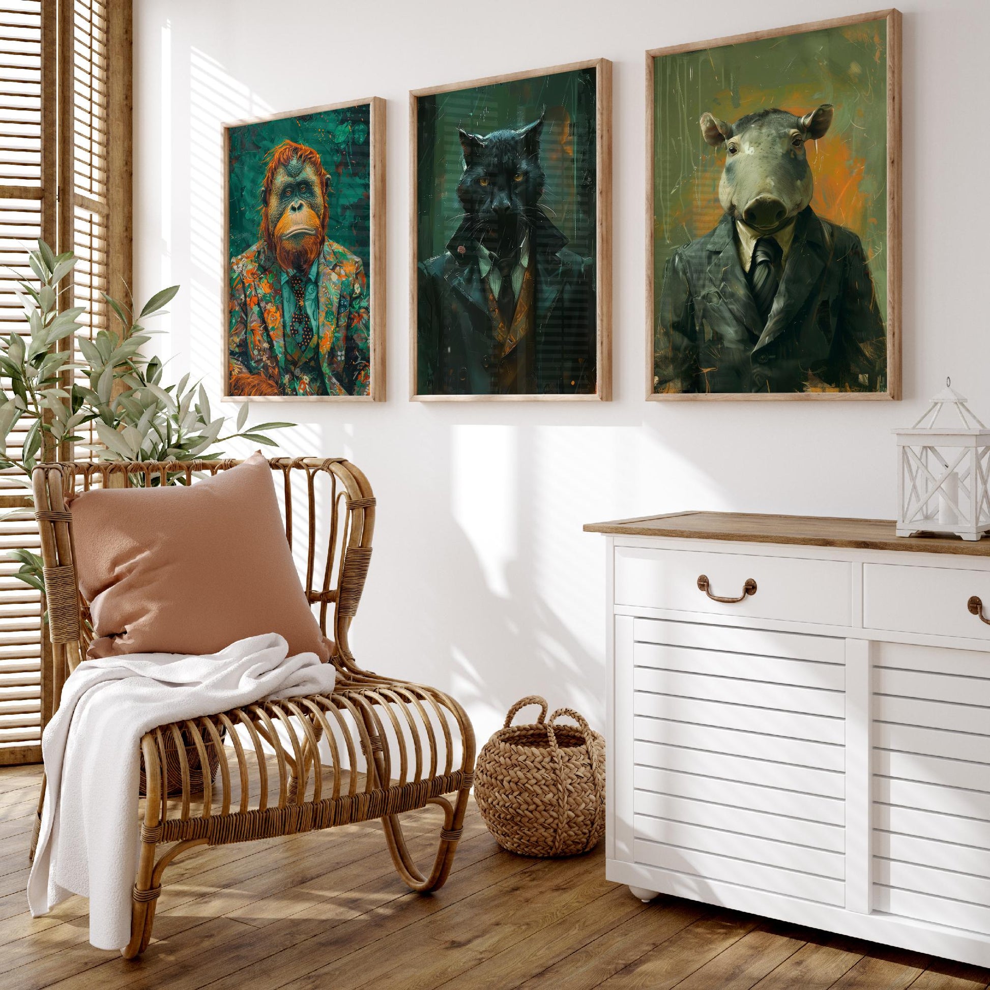 Animals in Suits Deep Jungle Set of Three Art Prints - Orangutan, Panther, Tapir Posters - Rainforest Portrait Painting