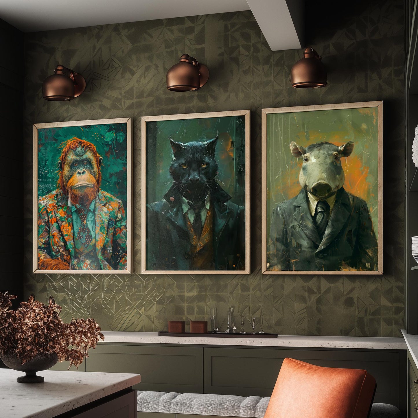 Animals in Suits Deep Jungle Set of Three Art Prints - Orangutan, Panther, Tapir Posters - Rainforest Portrait Painting