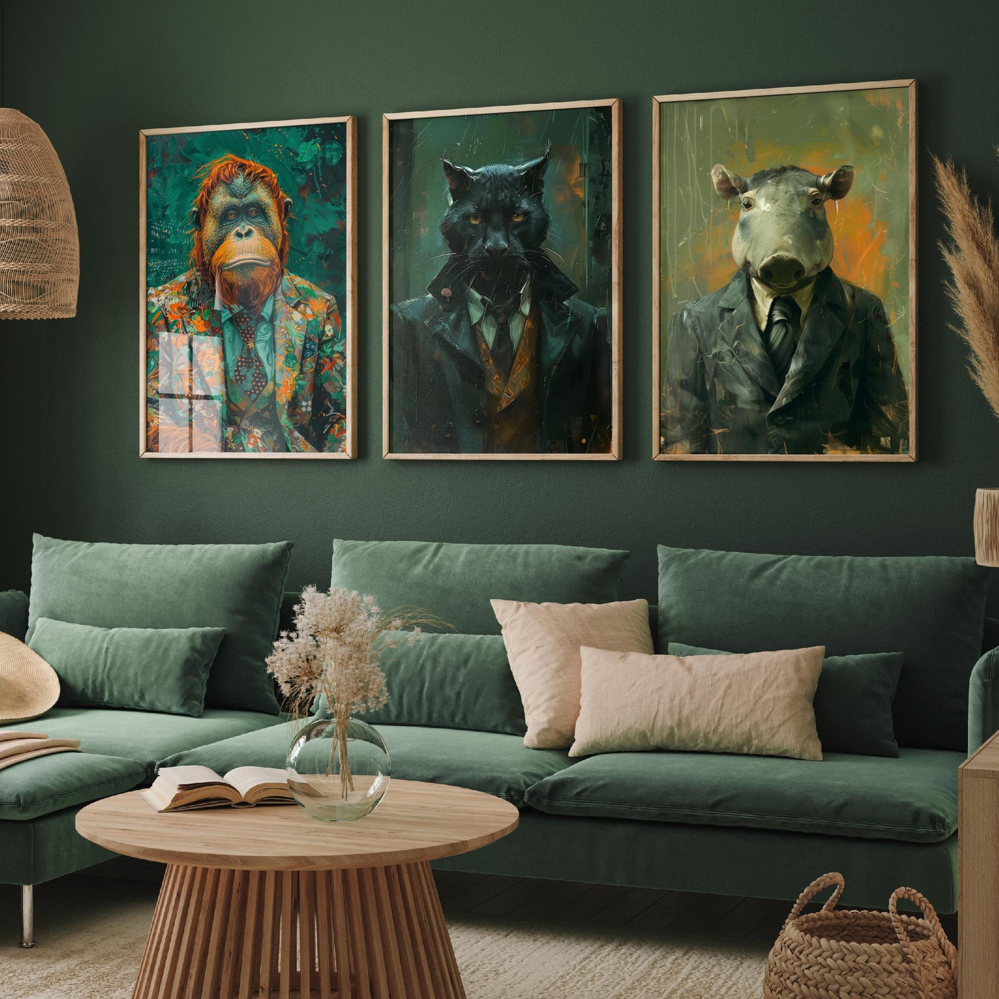 Animals in Suits Deep Jungle Set of Three Art Prints - Orangutan, Panther, Tapir Posters - Rainforest Portrait Painting
