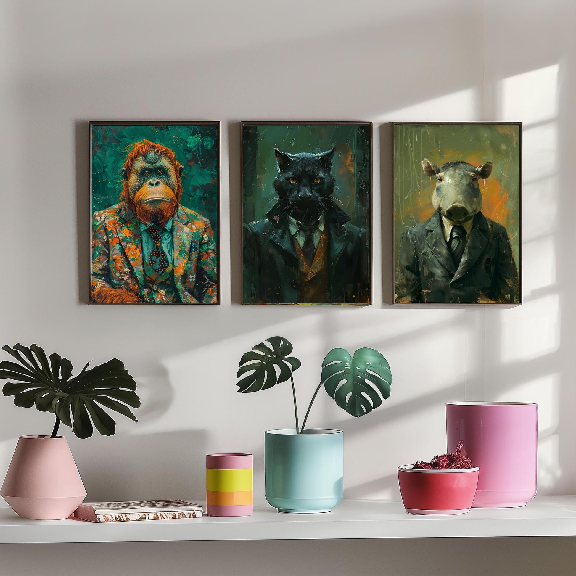 Animals in Suits Deep Jungle Set of Three Art Prints - Orangutan, Panther, Tapir Posters - Rainforest Portrait Painting