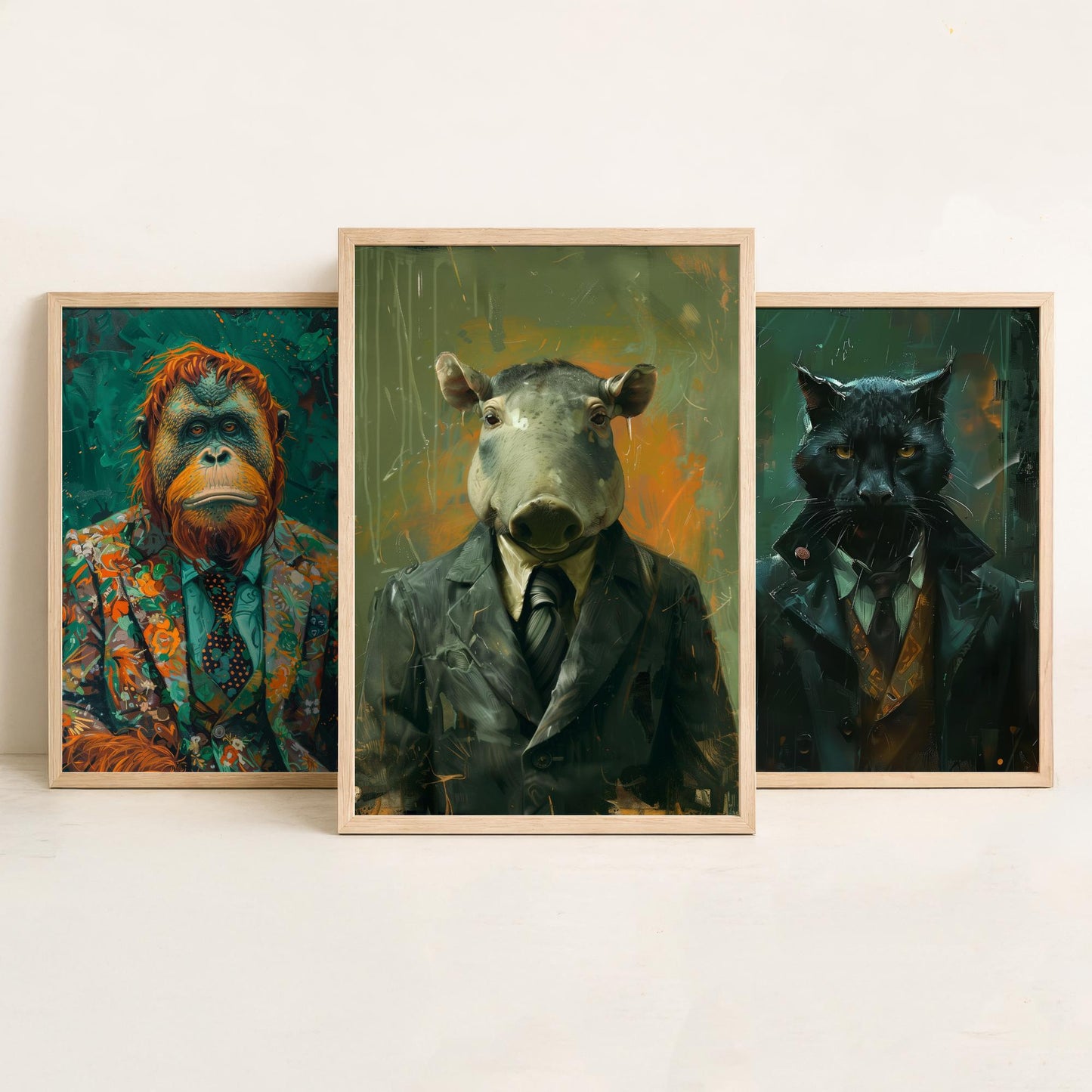 Animals in Suits Deep Jungle Set of Three Art Prints - Orangutan, Panther, Tapir Posters - Rainforest Portrait Painting