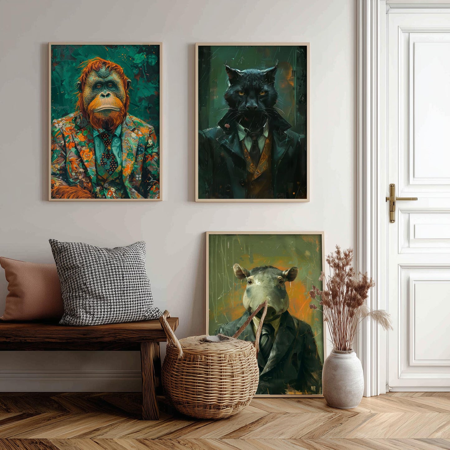 Animals in Suits Deep Jungle Set of Three Art Prints - Orangutan, Panther, Tapir Posters - Rainforest Portrait Painting