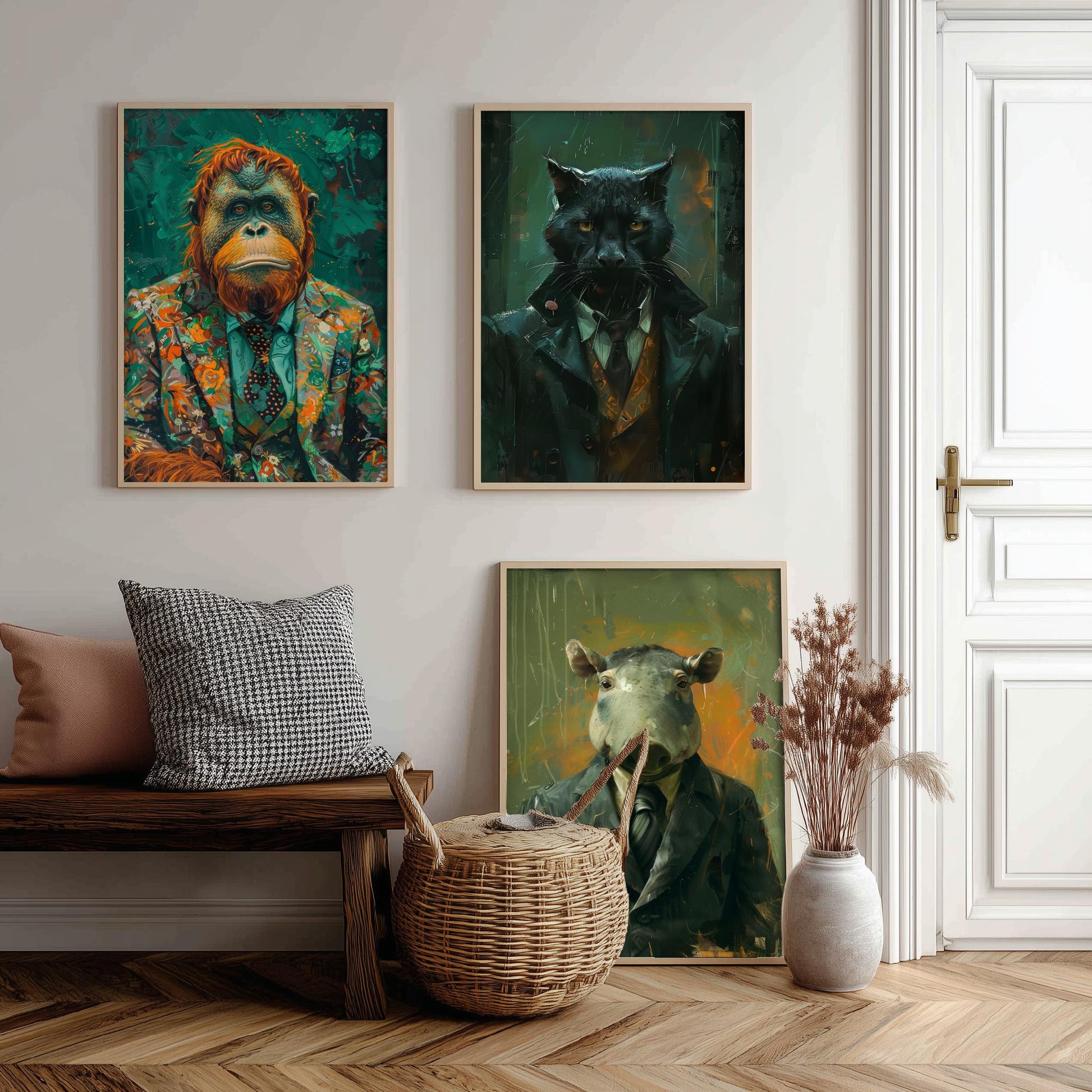 Animals in Suits Deep Jungle Set of Three Art Prints - Orangutan, Panther, Tapir Posters - Rainforest Portrait Painting