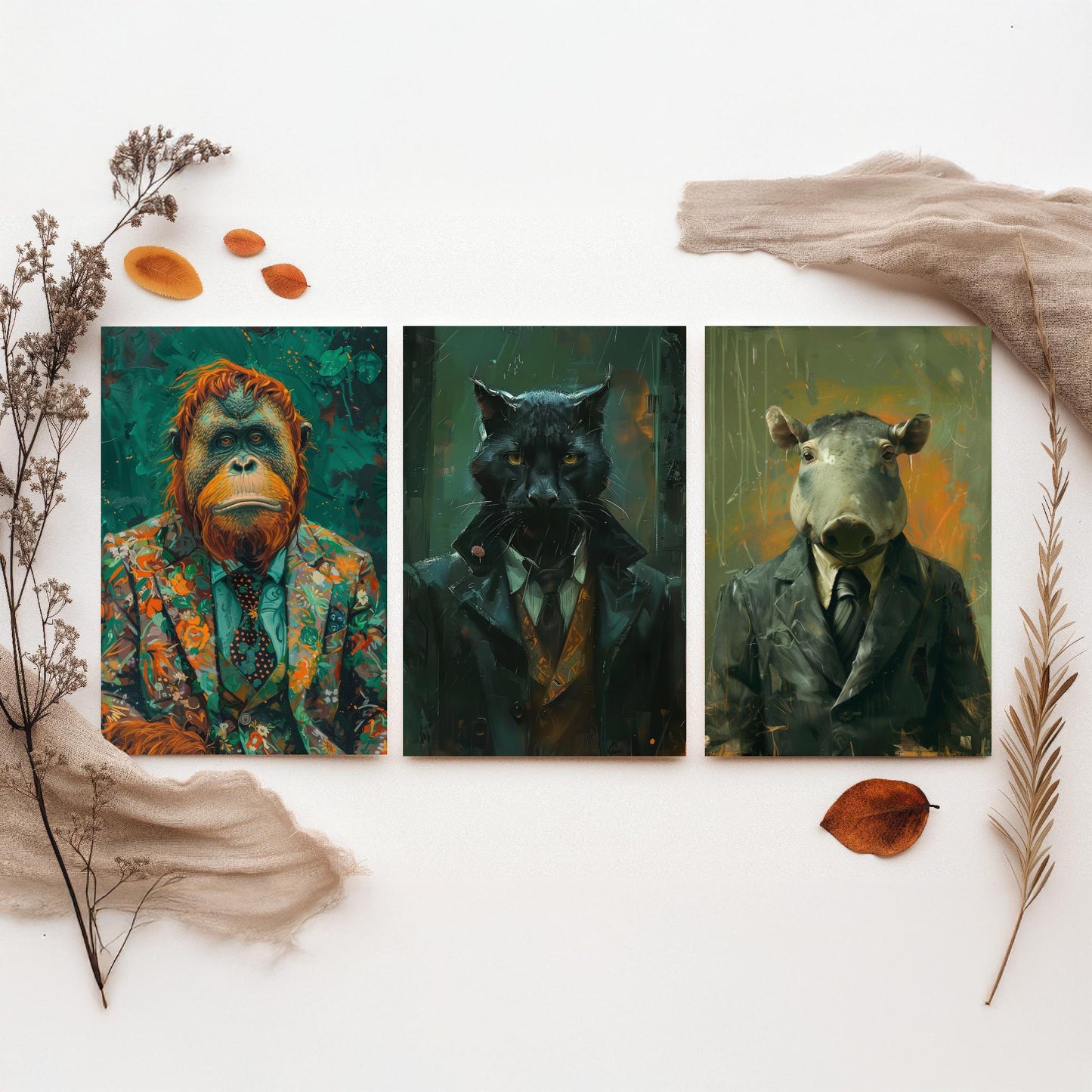 Animals in Suits Deep Jungle Set of Three Art Prints - Orangutan, Panther, Tapir Posters - Rainforest Portrait Painting