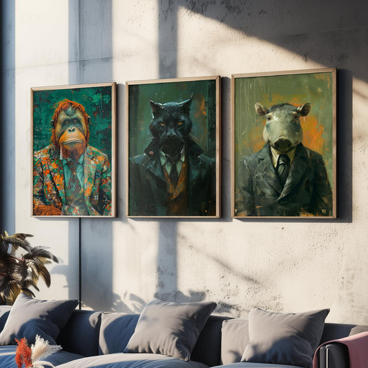 Animals in Suits Deep Jungle Set of Three Art Prints - Orangutan, Panther, Tapir Posters - Rainforest Portrait Painting