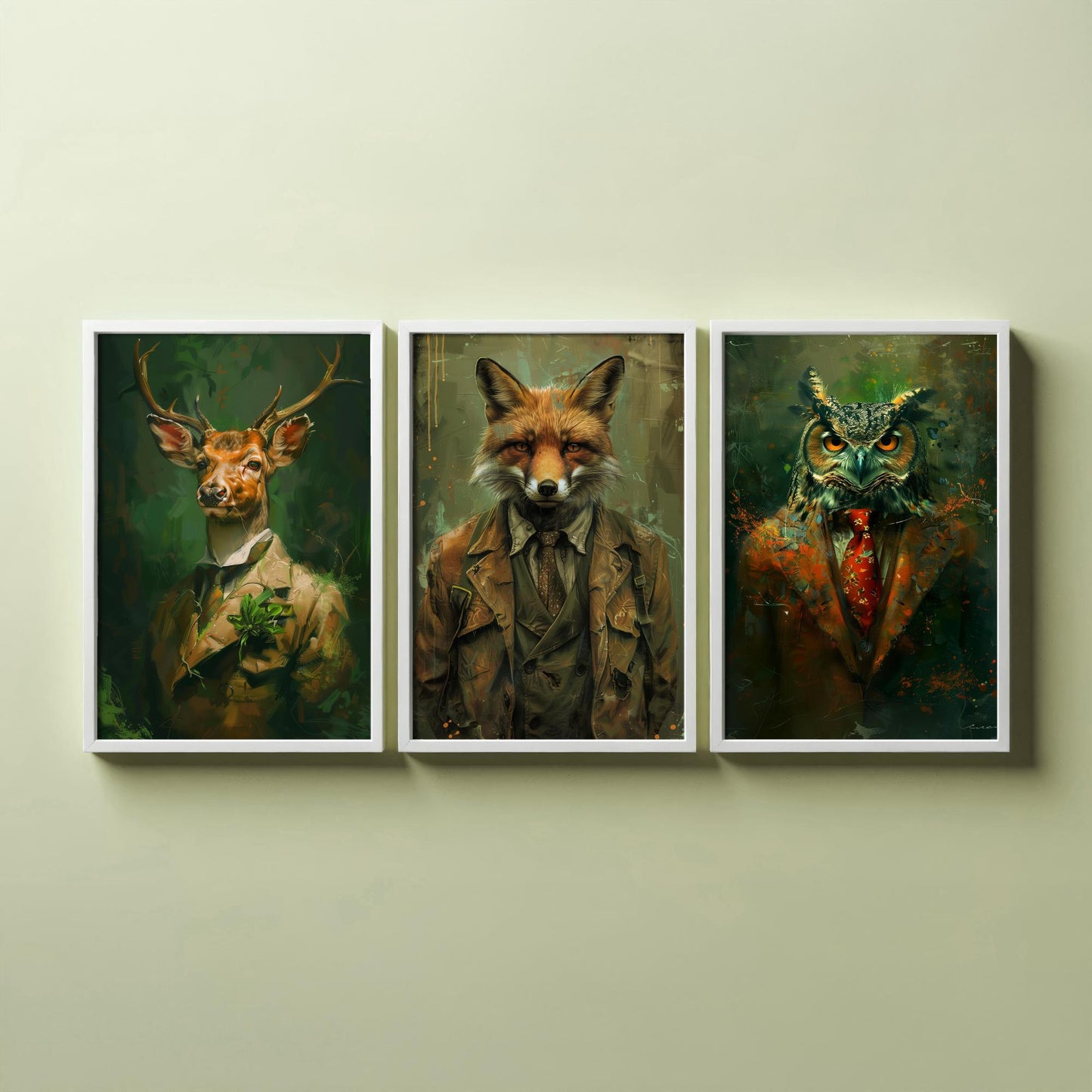 Set of Three Woodland Animals Wearing Suits Paintings - 3 Deer Fox Owl Art Prints - Photo Poster Wall Gift Giclée Décor