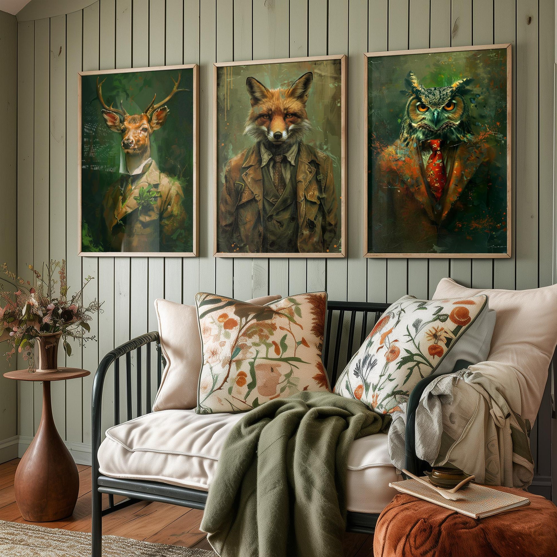 Set of Three Woodland Animals Wearing Suits Paintings - 3 Deer Fox Owl Art Prints - Photo Poster Wall Gift Giclée Décor