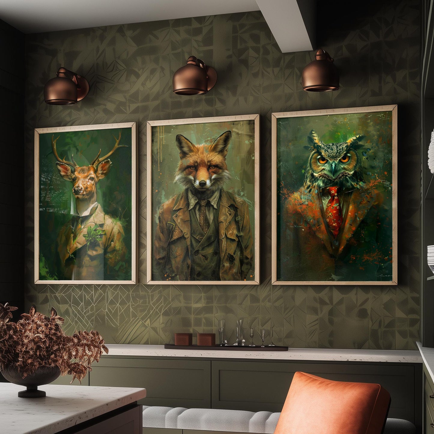 Set of Three Woodland Animals Wearing Suits Paintings - 3 Deer Fox Owl Art Prints - Photo Poster Wall Gift Giclée Décor