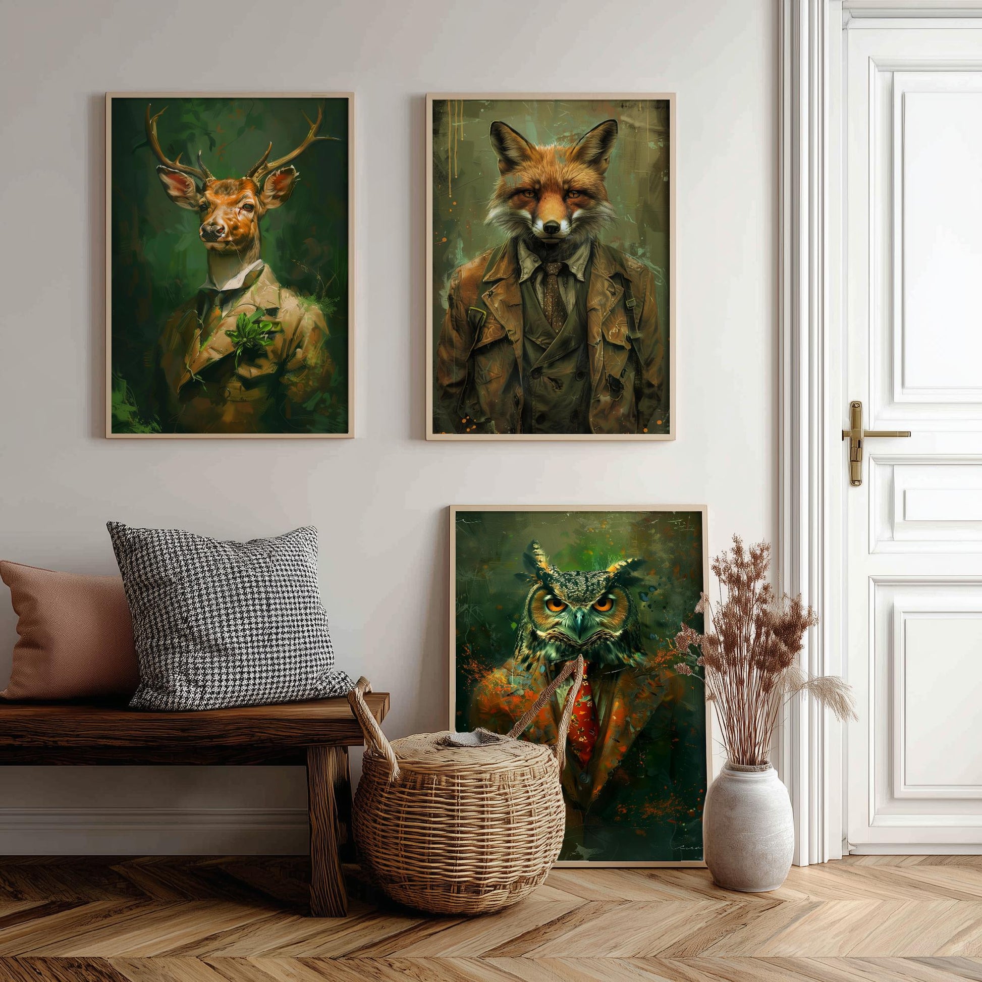 Set of Three Woodland Animals Wearing Suits Paintings - 3 Deer Fox Owl Art Prints - Photo Poster Wall Gift Giclée Décor