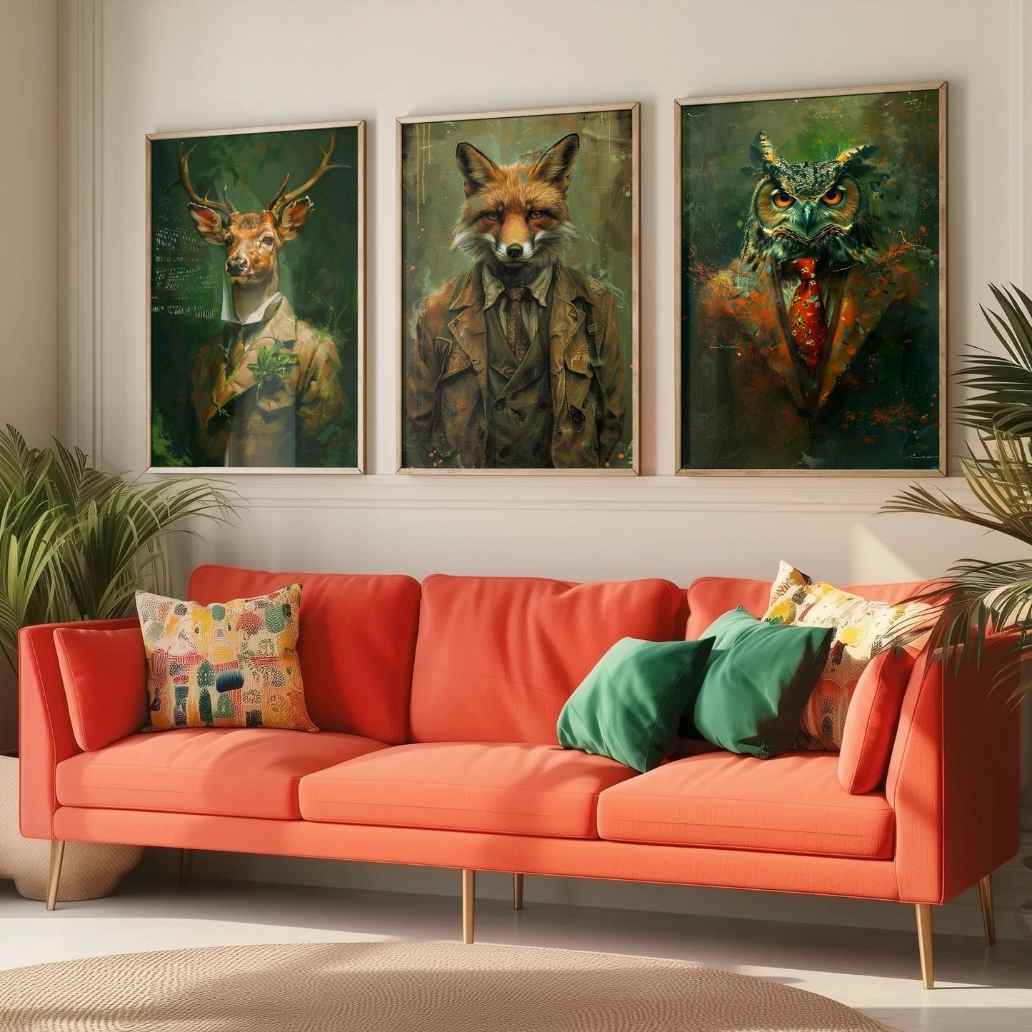 Set of Three Woodland Animals Wearing Suits Paintings - 3 Deer Fox Owl Art Prints - Photo Poster Wall Gift Giclée Décor