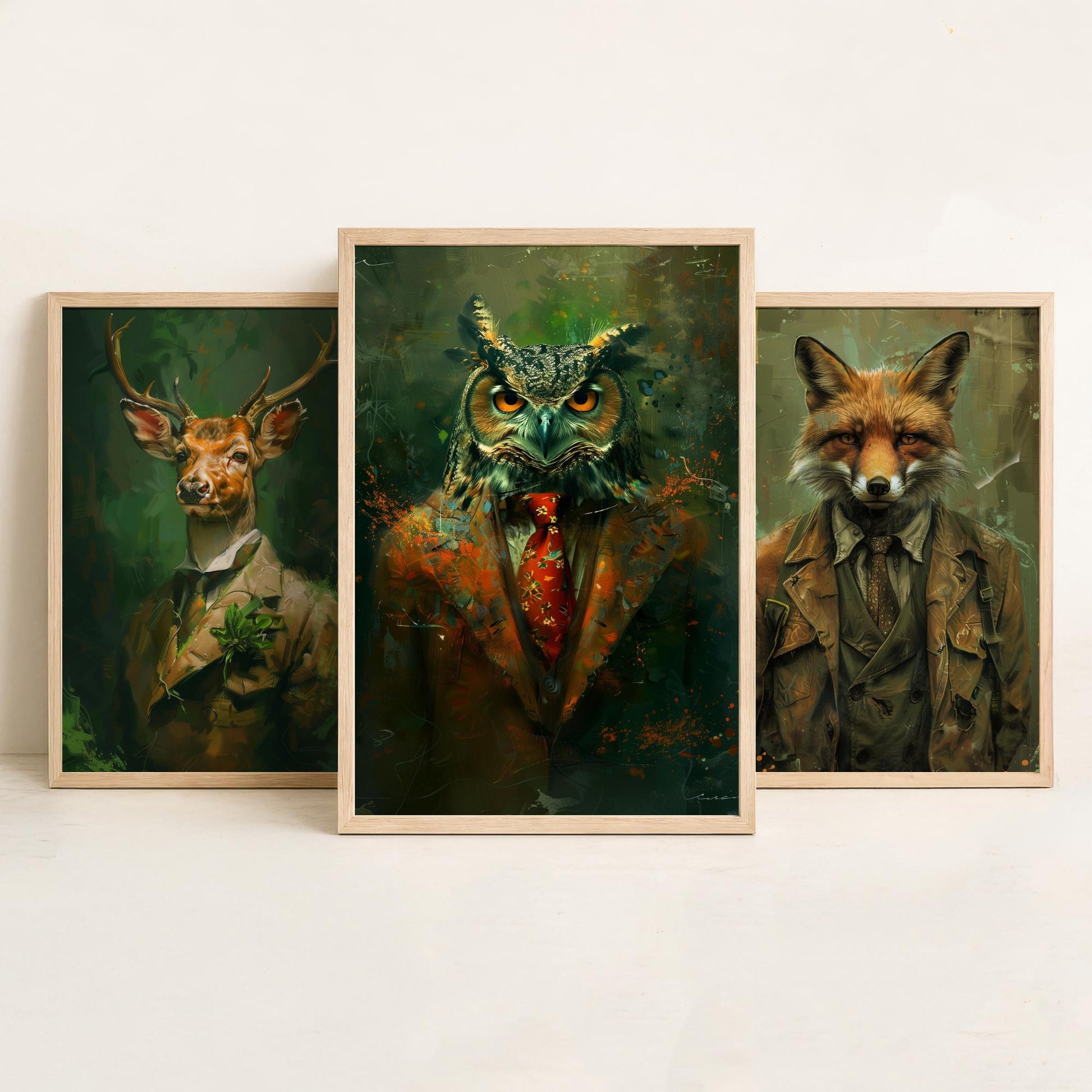 Set of Three Woodland Animals Wearing Suits Paintings - 3 Deer Fox Owl Art Prints - Photo Poster Wall Gift Giclée Décor