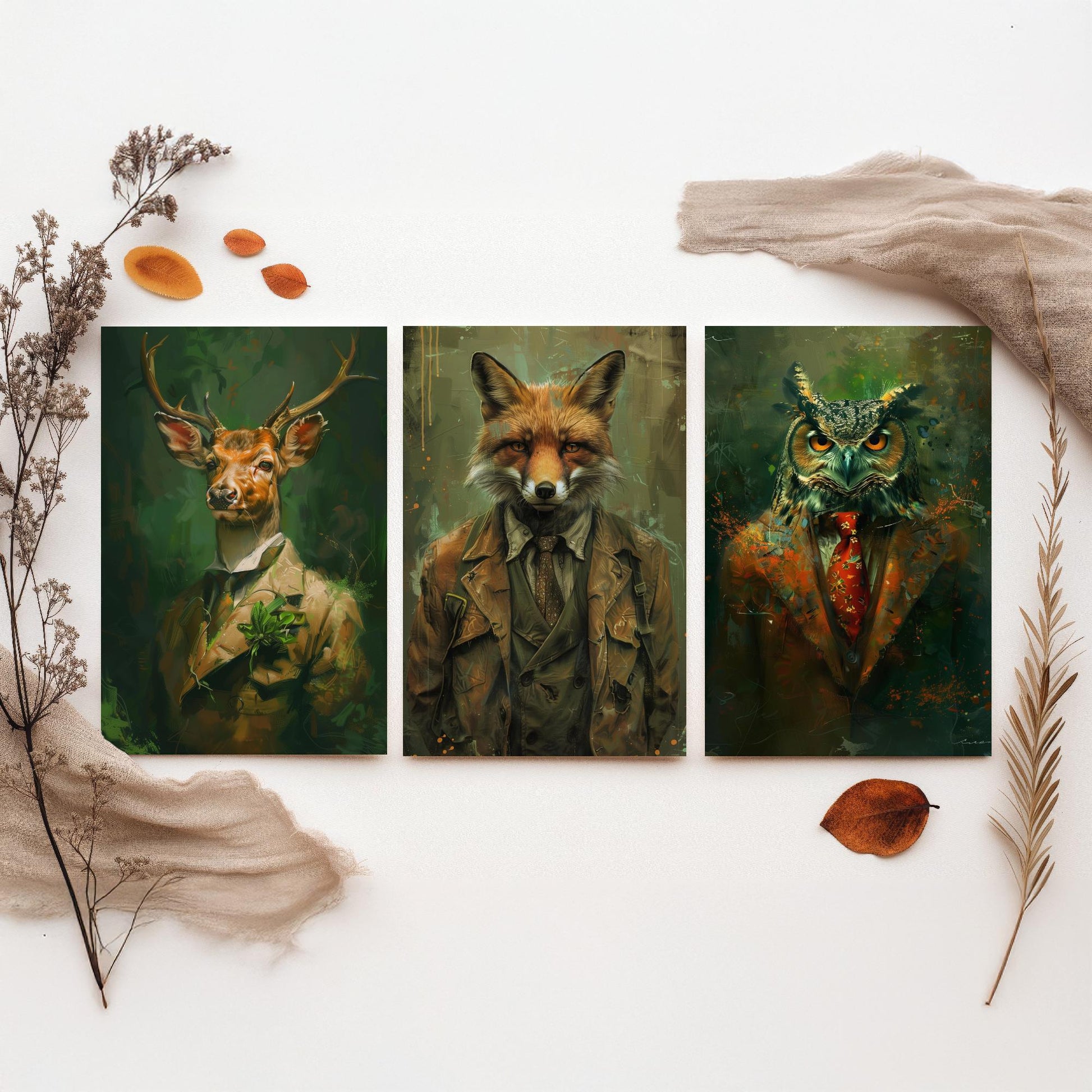 Set of Three Woodland Animals Wearing Suits Paintings - 3 Deer Fox Owl Art Prints - Photo Poster Wall Gift Giclée Décor