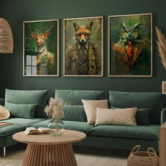Set of Three Woodland Animals Wearing Suits Paintings - 3 Deer Fox Owl Art Prints - Photo Poster Wall Gift Giclée Décor