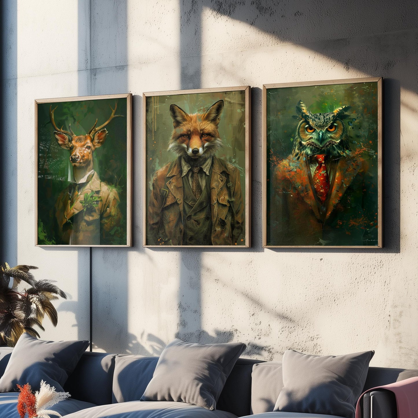 Set of Three Woodland Animals Wearing Suits Paintings - 3 Deer Fox Owl Art Prints - Photo Poster Wall Gift Giclée Décor