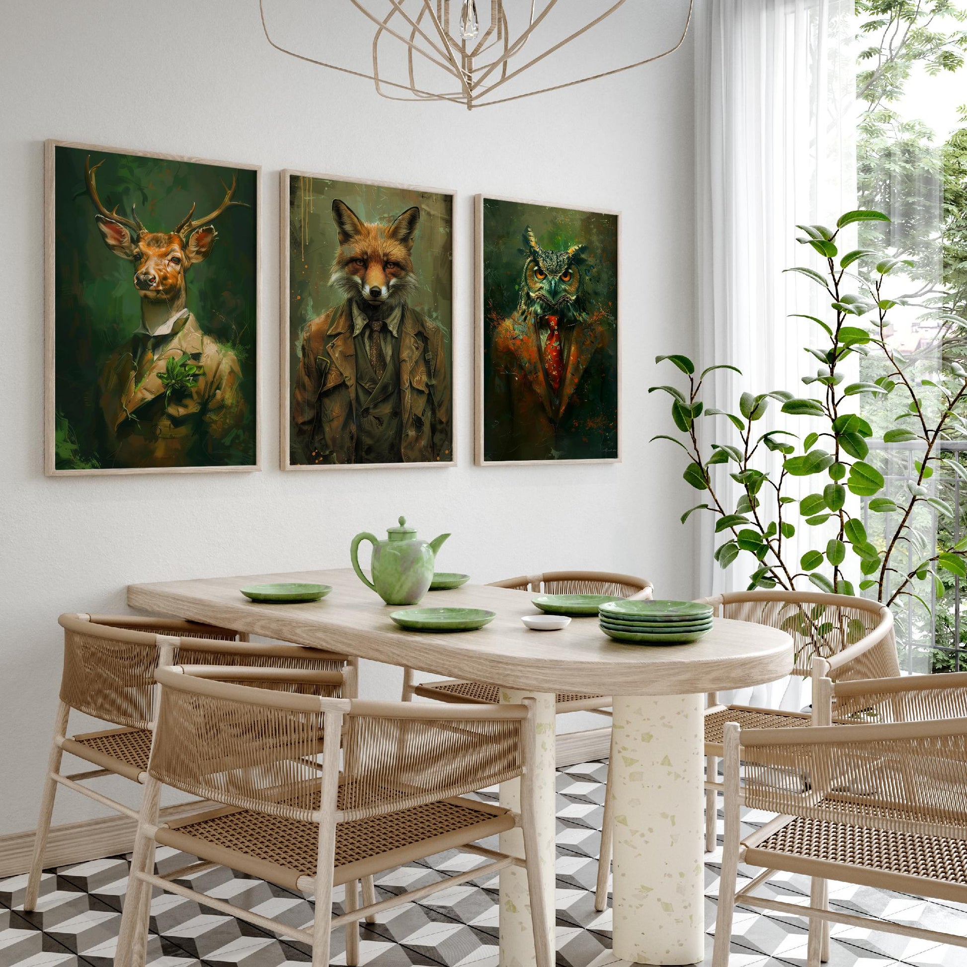 Set of Three Woodland Animals Wearing Suits Paintings - 3 Deer Fox Owl Art Prints - Photo Poster Wall Gift Giclée Décor