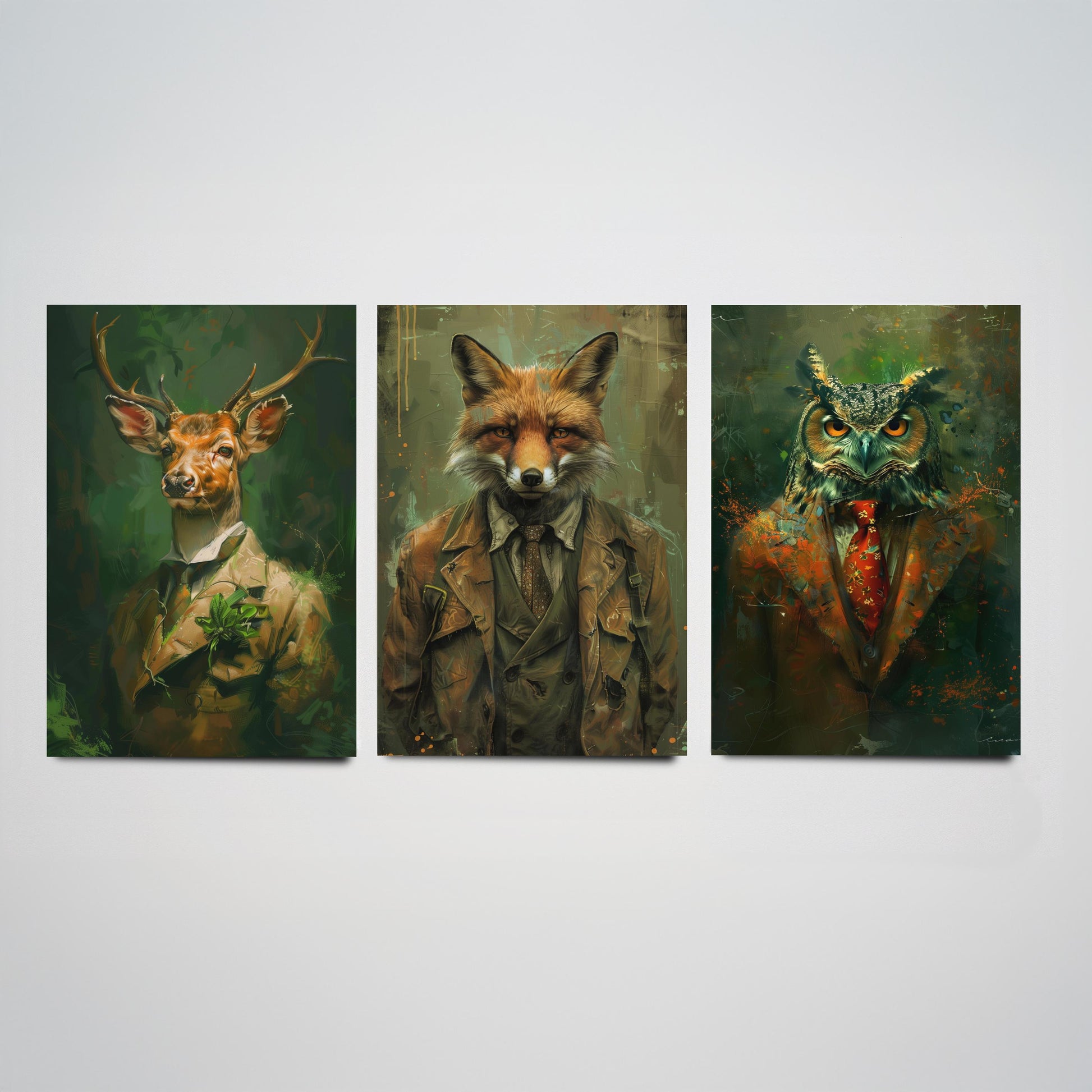 Set of Three Woodland Animals Wearing Suits Paintings - 3 Deer Fox Owl Art Prints - Photo Poster Wall Gift Giclée Décor