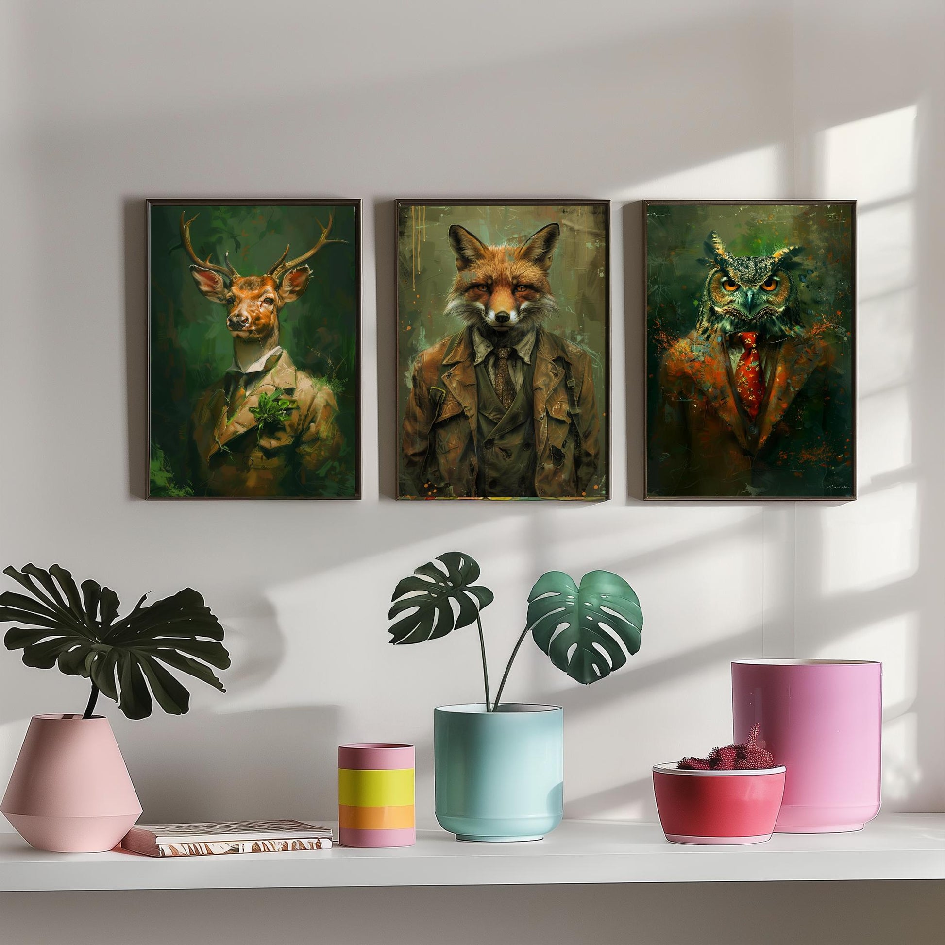 Set of Three Woodland Animals Wearing Suits Paintings - 3 Deer Fox Owl Art Prints - Photo Poster Wall Gift Giclée Décor