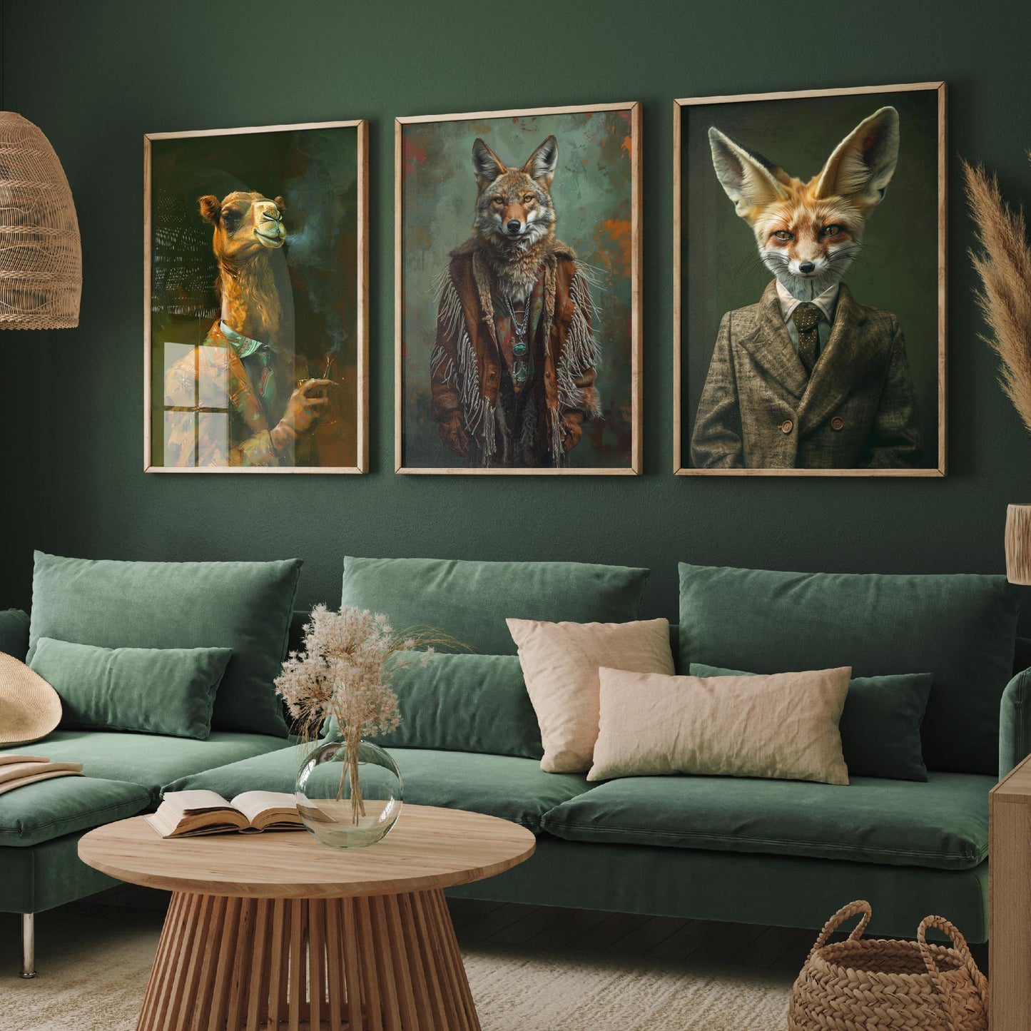 Animals in Suits Desert Nomads Set of Three Art Prints - Camel, Coyote, Fennec Fox Posters - Boho Animal Portrait Painting