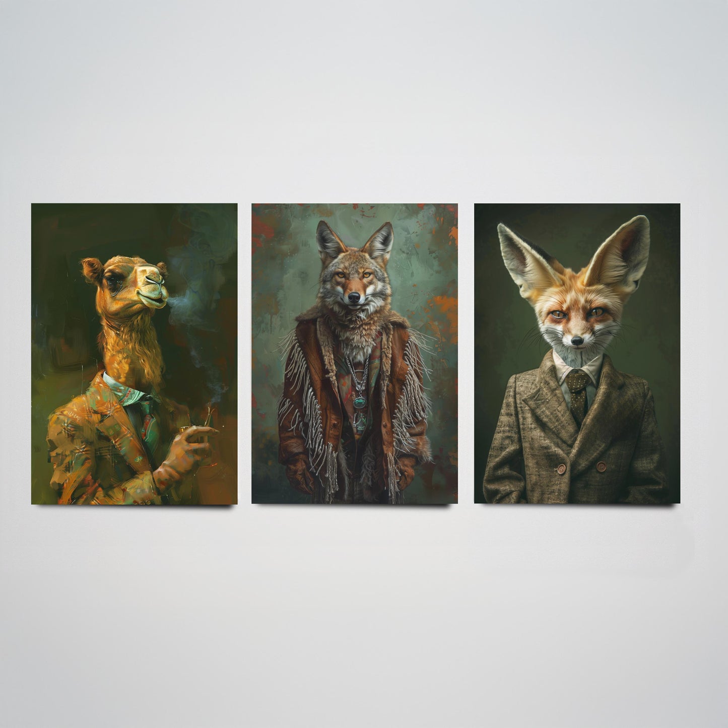 Animals in Suits Desert Nomads Set of Three Art Prints - Camel, Coyote, Fennec Fox Posters - Boho Animal Portrait Painting