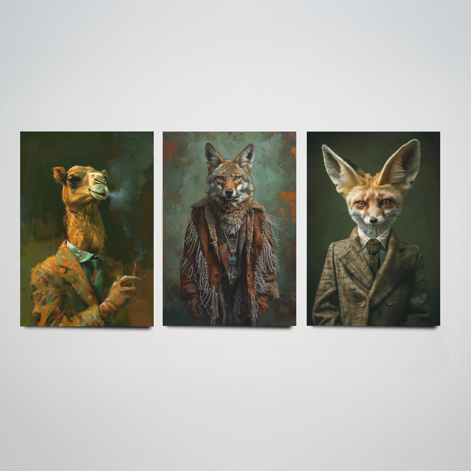 Animals in Suits Desert Nomads Set of Three Art Prints - Camel, Coyote, Fennec Fox Posters - Boho Animal Portrait Painting