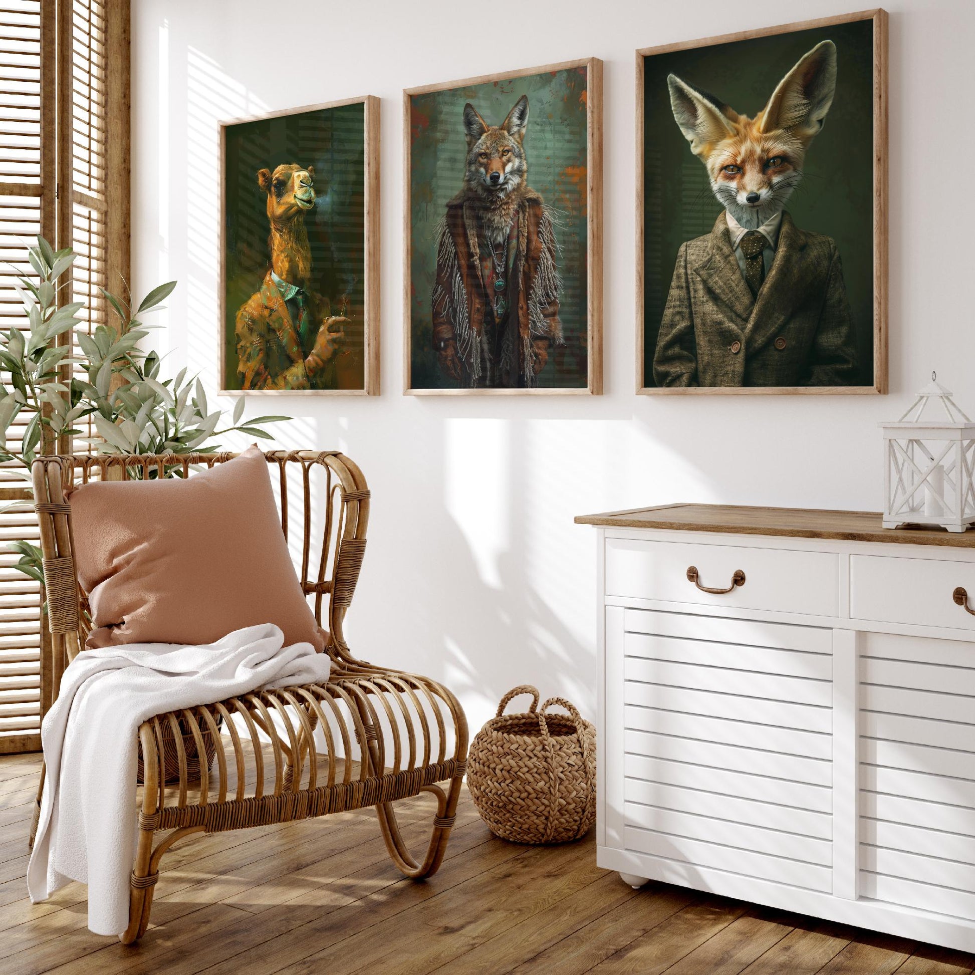Animals in Suits Desert Nomads Set of Three Art Prints - Camel, Coyote, Fennec Fox Posters - Boho Animal Portrait Painting