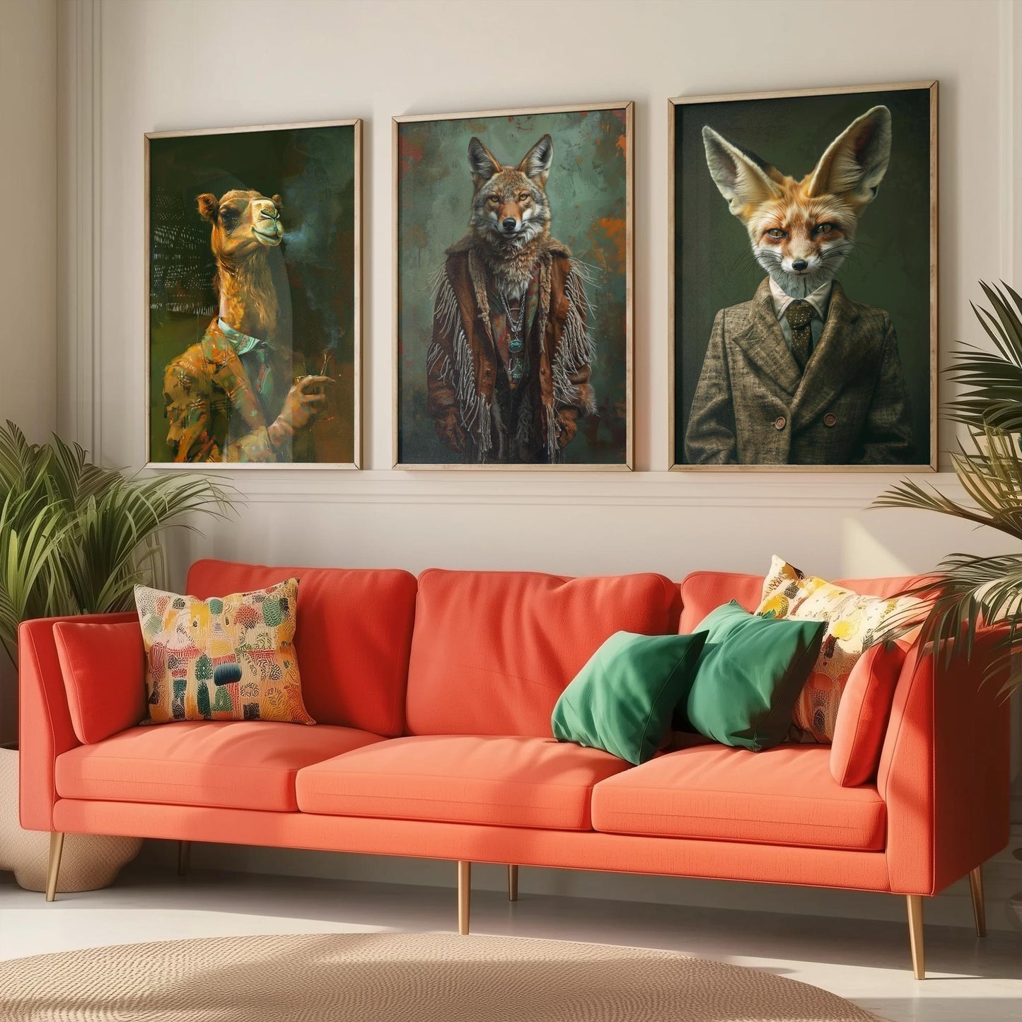 Animals in Suits Desert Nomads Set of Three Art Prints - Camel, Coyote, Fennec Fox Posters - Boho Animal Portrait Painting