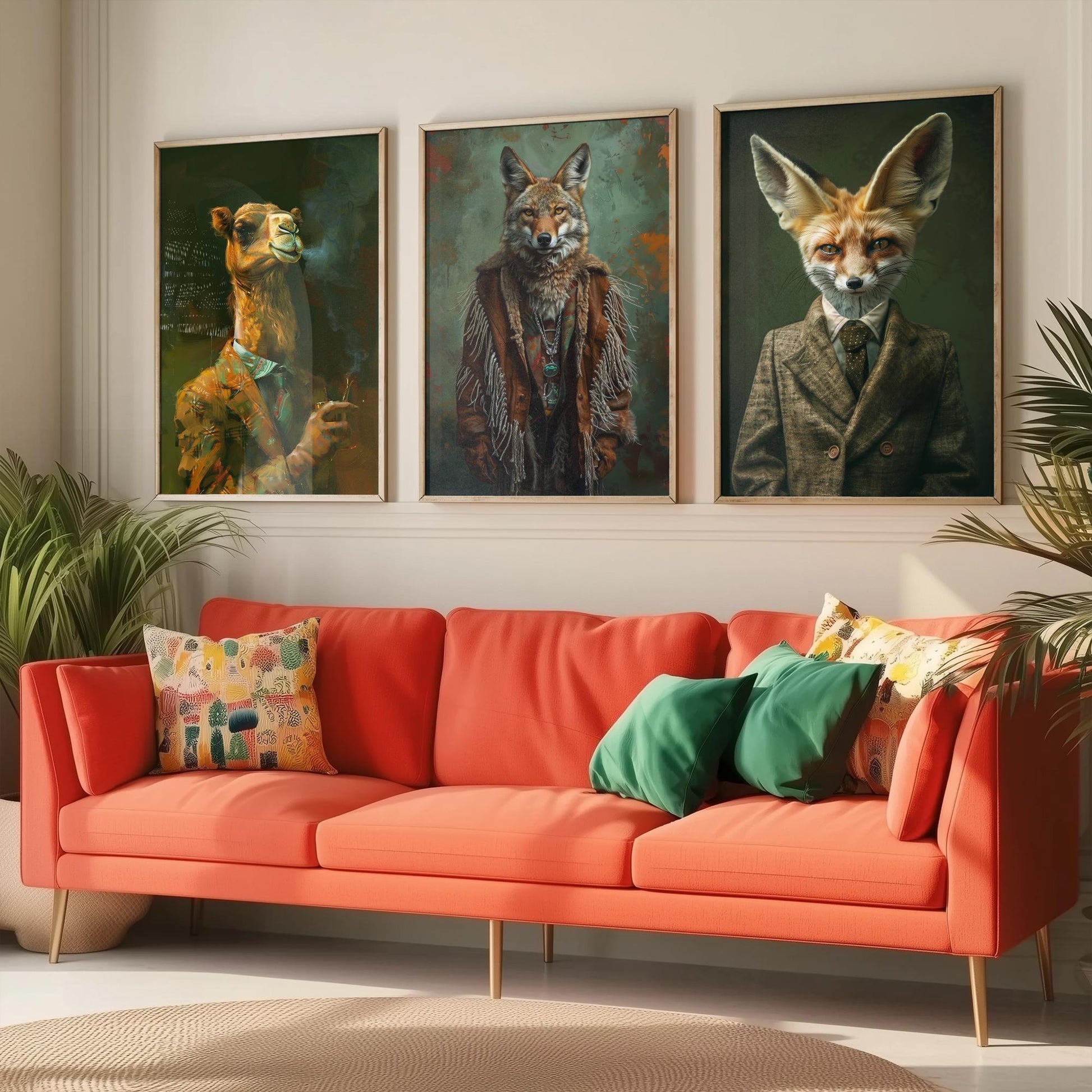 Animals in Suits Desert Nomads Set of Three Art Prints - Camel, Coyote, Fennec Fox Posters - Boho Animal Portrait Painting