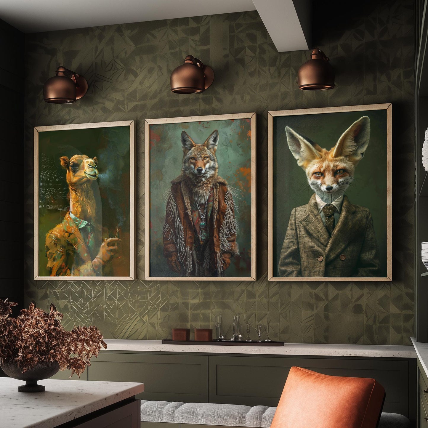 Animals in Suits Desert Nomads Set of Three Art Prints - Camel, Coyote, Fennec Fox Posters - Boho Animal Portrait Painting