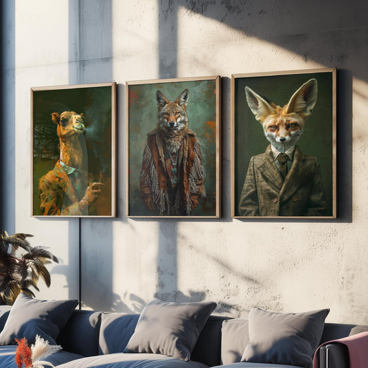 Animals in Suits Desert Nomads Set of Three Art Prints - Camel, Coyote, Fennec Fox Posters - Boho Animal Portrait Painting