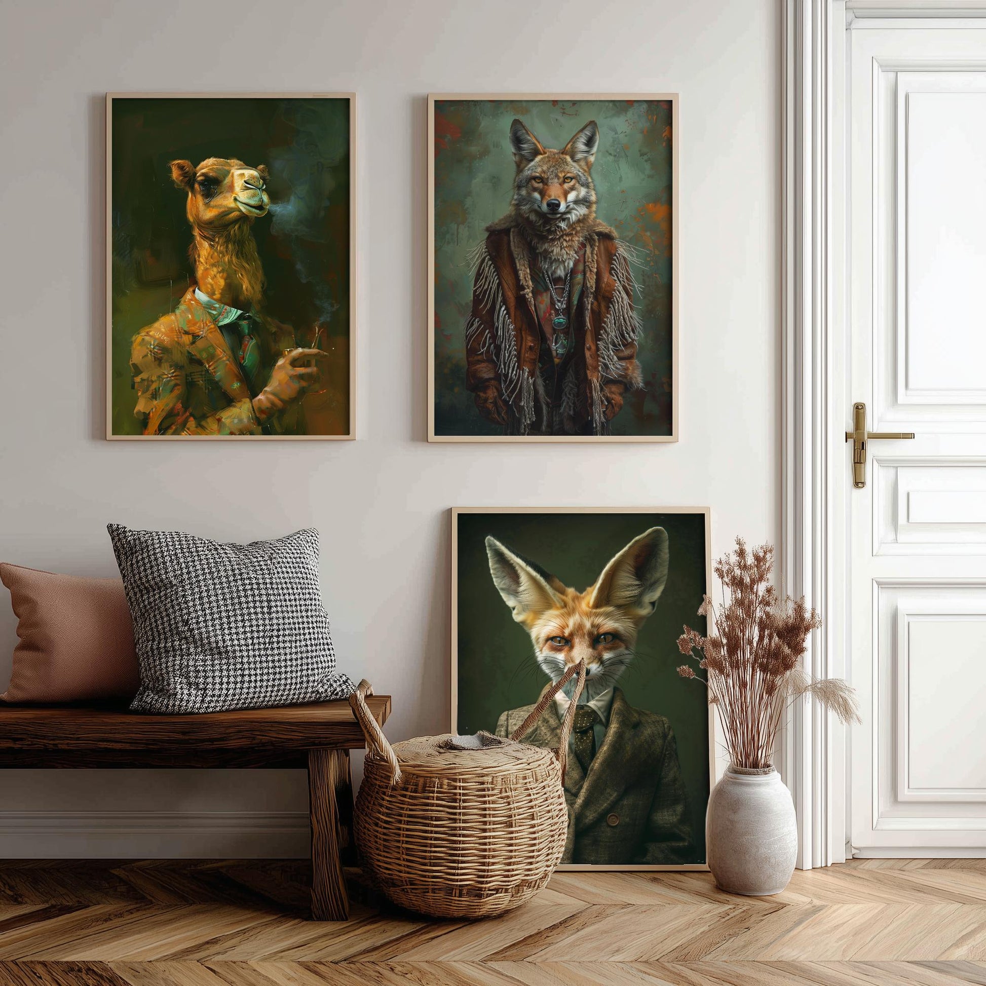 Animals in Suits Desert Nomads Set of Three Art Prints - Camel, Coyote, Fennec Fox Posters - Boho Animal Portrait Painting