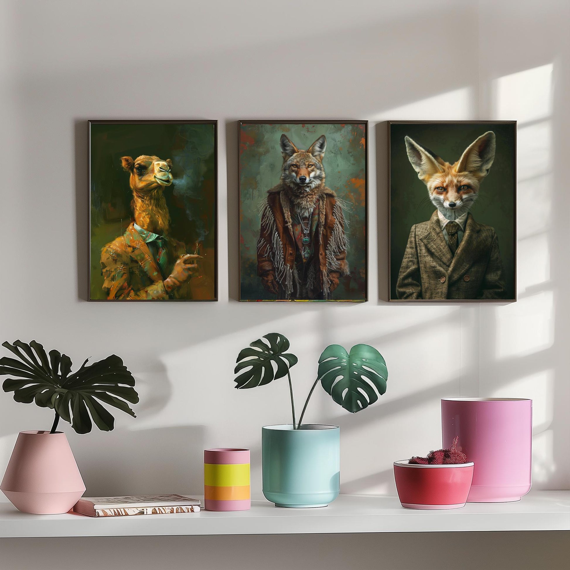 Animals in Suits Desert Nomads Set of Three Art Prints - Camel, Coyote, Fennec Fox Posters - Boho Animal Portrait Painting