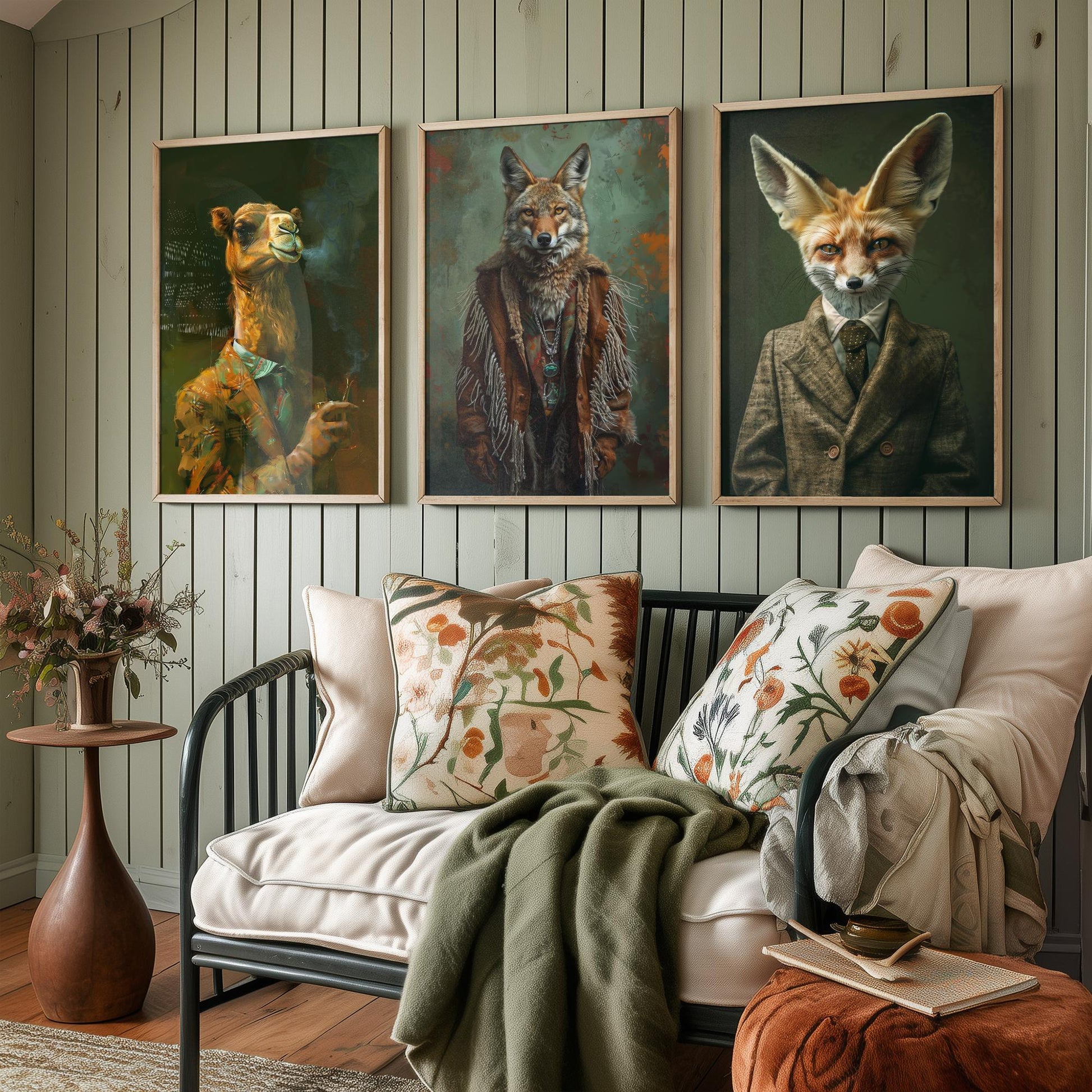 Animals in Suits Desert Nomads Set of Three Art Prints - Camel, Coyote, Fennec Fox Posters - Boho Animal Portrait Painting