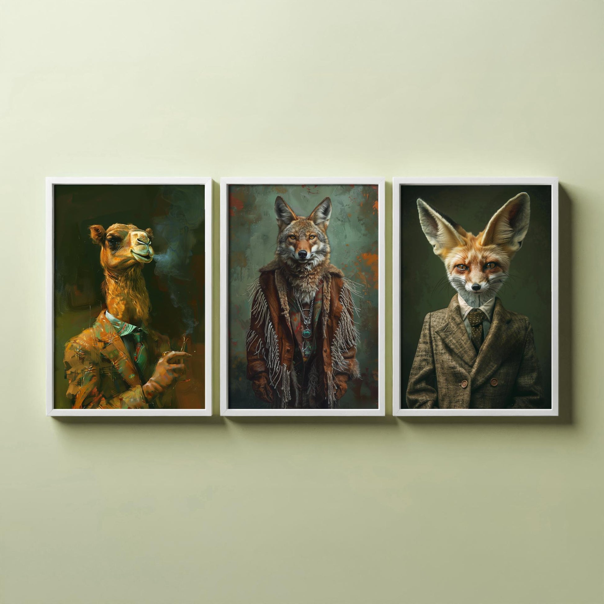 Animals in Suits Desert Nomads Set of Three Art Prints - Camel, Coyote, Fennec Fox Posters - Boho Animal Portrait Painting