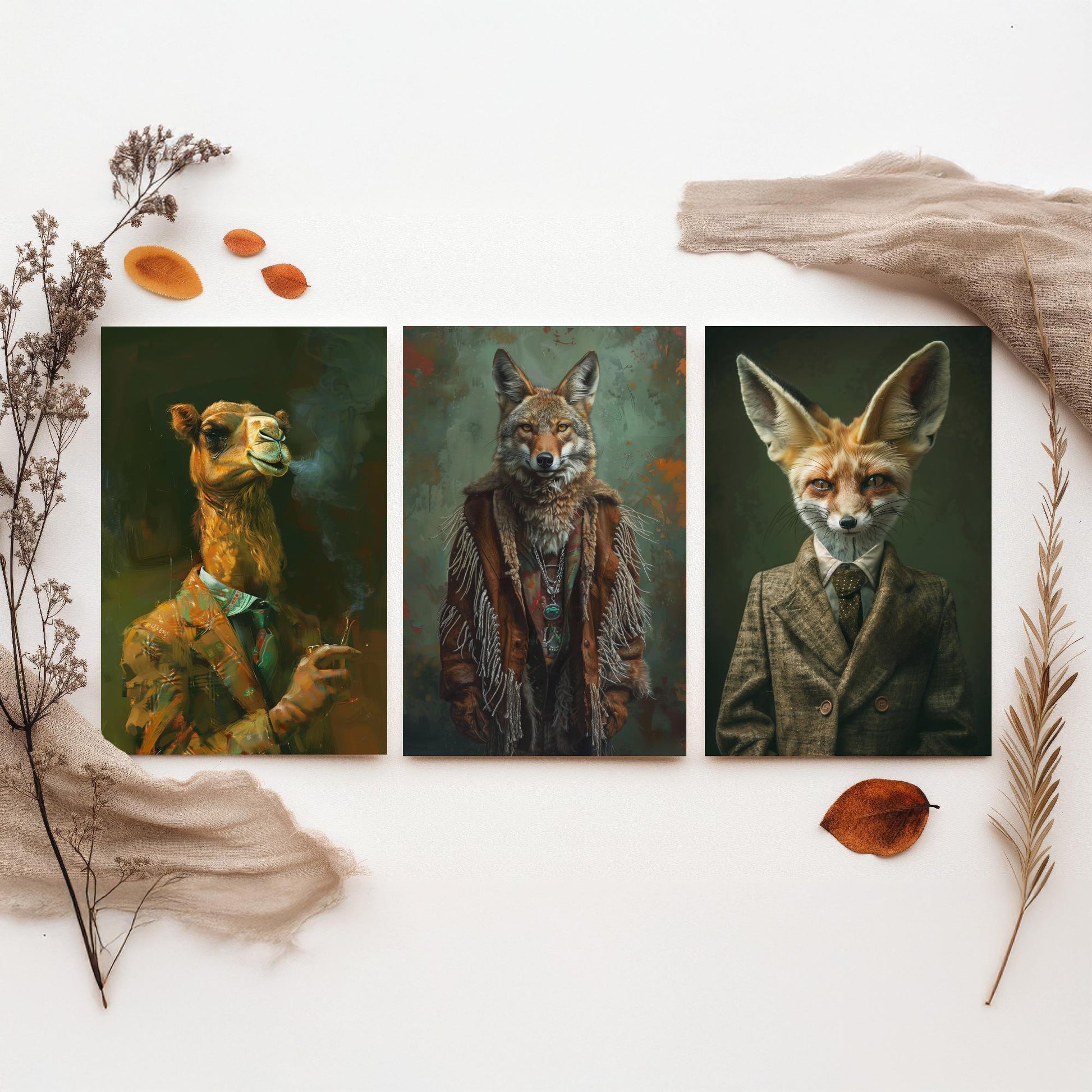 Animals in Suits Desert Nomads Set of Three Art Prints - Camel, Coyote, Fennec Fox Posters - Boho Animal Portrait Painting