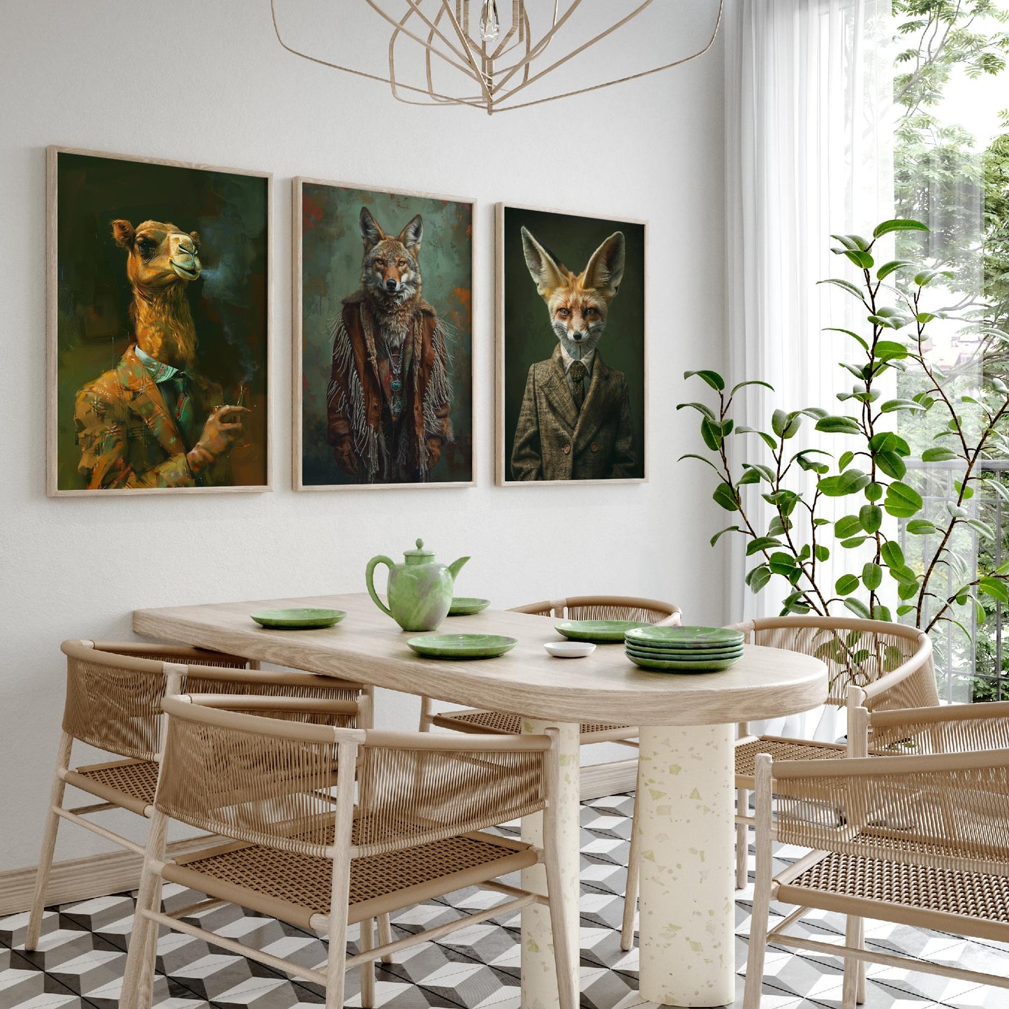 Animals in Suits Desert Nomads Set of Three Art Prints - Camel, Coyote, Fennec Fox Posters - Boho Animal Portrait Painting