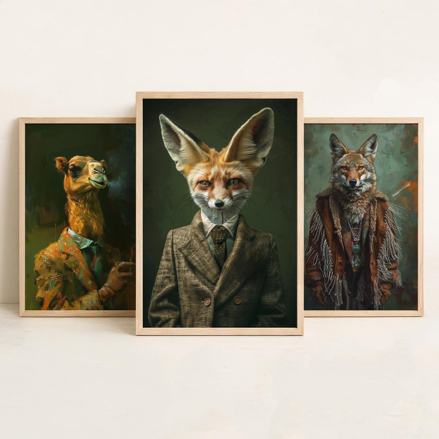 Animals in Suits Desert Nomads Set of Three Art Prints - Camel, Coyote, Fennec Fox Posters - Boho Animal Portrait Painting