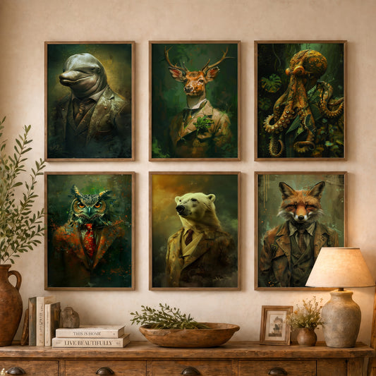 Set of Six Animals in Suits Art Prints - 6 Land and Sea Posters - Dolphin, Stag, Octopus, Owl, Polar Bear, Fox Portrait Painting