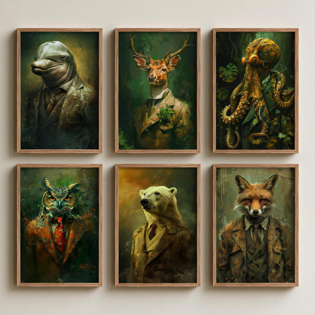 Set of Six Animals in Suits Art Prints - 6 Land and Sea Posters - Dolphin, Stag, Octopus, Owl, Polar Bear, Fox Portrait Painting