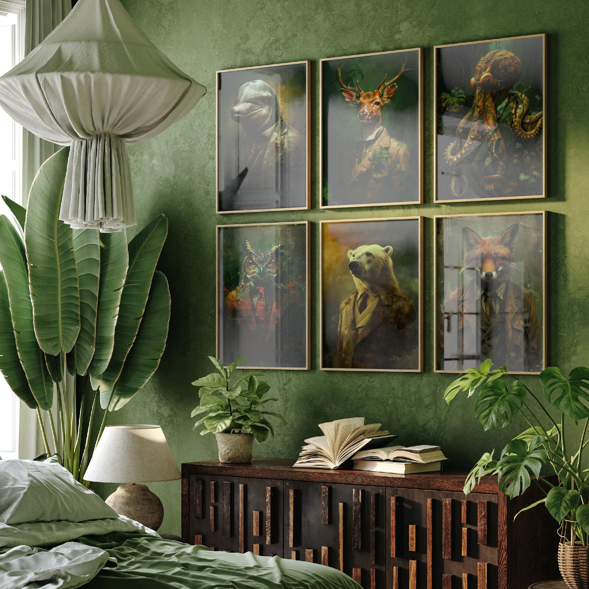 Set of Six Animals in Suits Art Prints - 6 Land and Sea Posters - Dolphin, Stag, Octopus, Owl, Polar Bear, Fox Portrait Painting