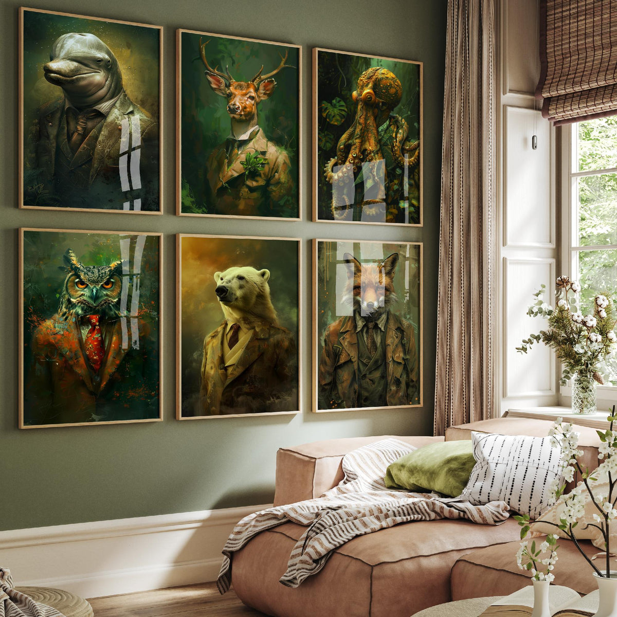 Set of Six Animals in Suits Art Prints - 6 Land and Sea Posters - Dolphin, Stag, Octopus, Owl, Polar Bear, Fox Portrait Painting