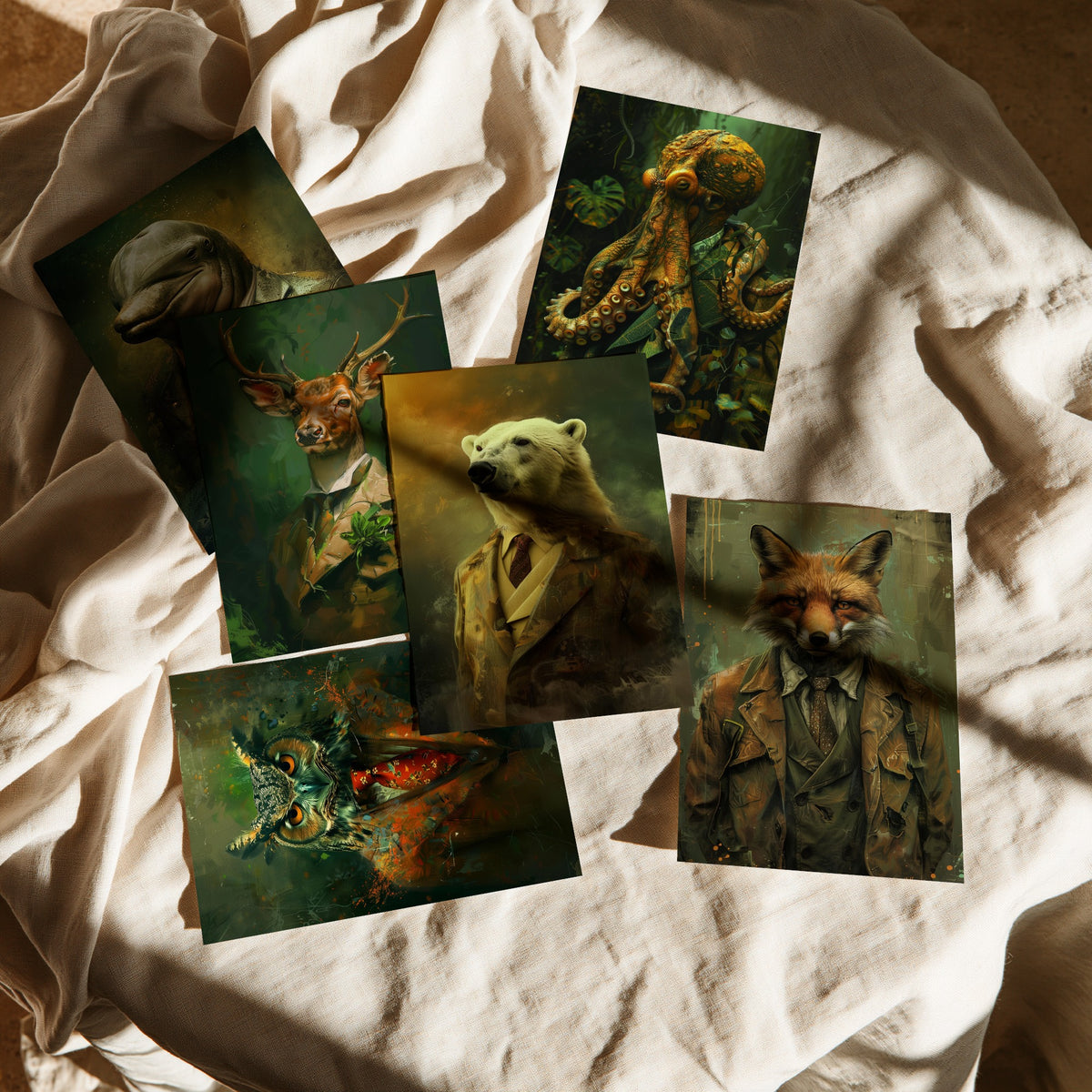 Set of Six Animals in Suits Art Prints - 6 Land and Sea Posters - Dolphin, Stag, Octopus, Owl, Polar Bear, Fox Portrait Painting