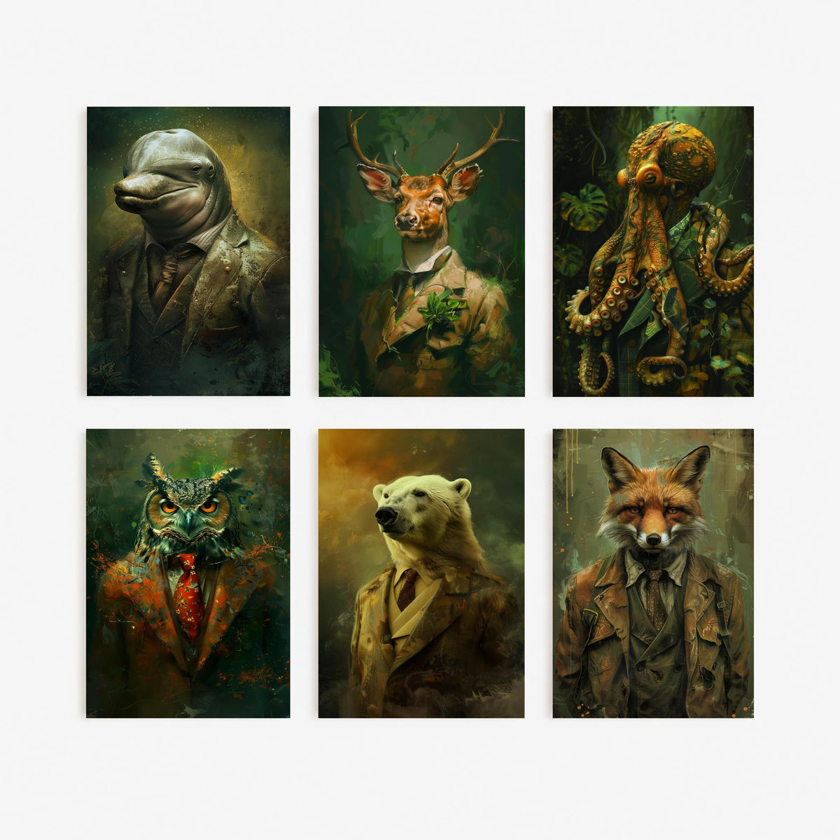 Set of Six Animals in Suits Art Prints - 6 Land and Sea Posters - Dolphin, Stag, Octopus, Owl, Polar Bear, Fox Portrait Painting