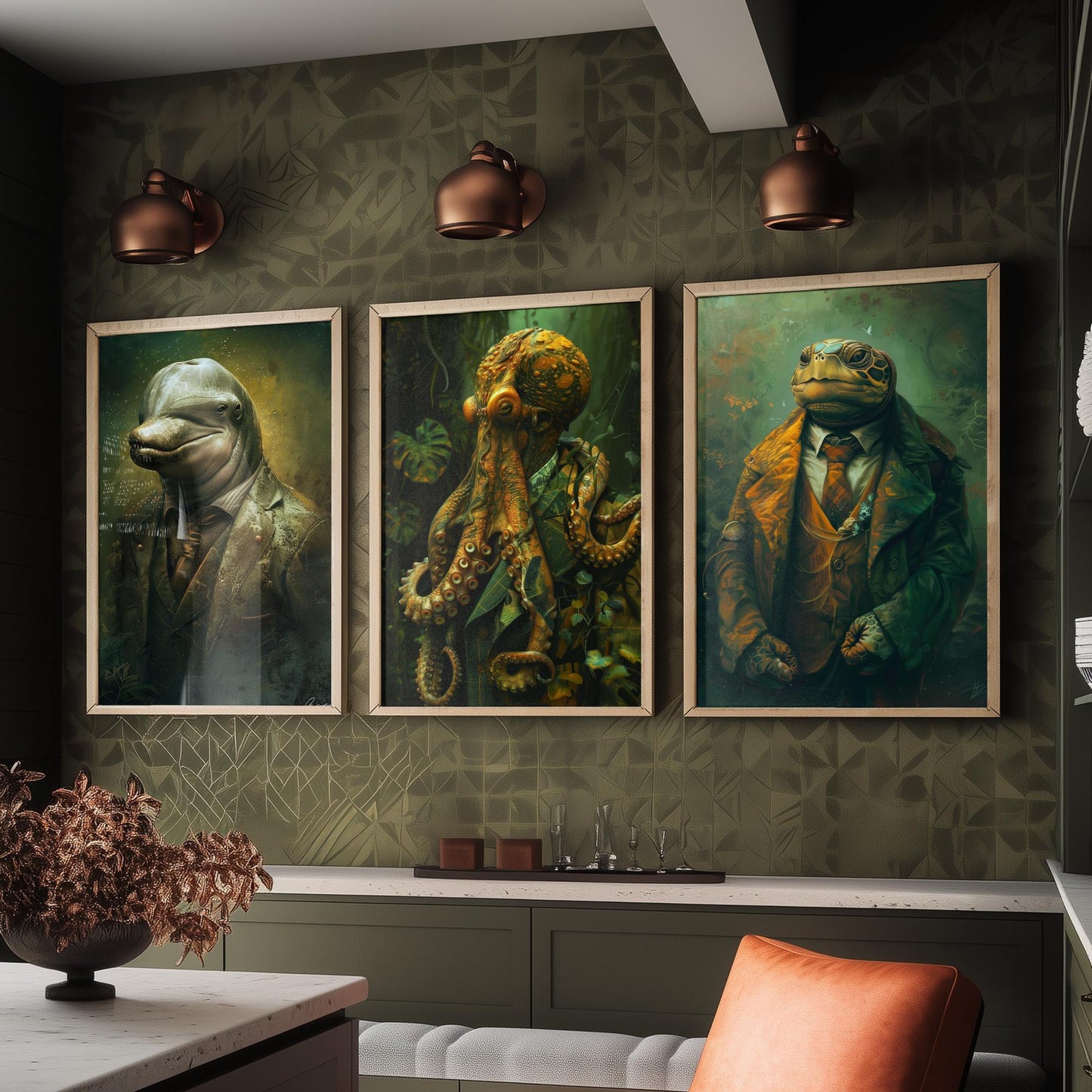 Animals in Suits Set of Three Art Prints - Dolphin, Octopus, Turtle Portrait Posters - Under the Sea Gentleman Painting