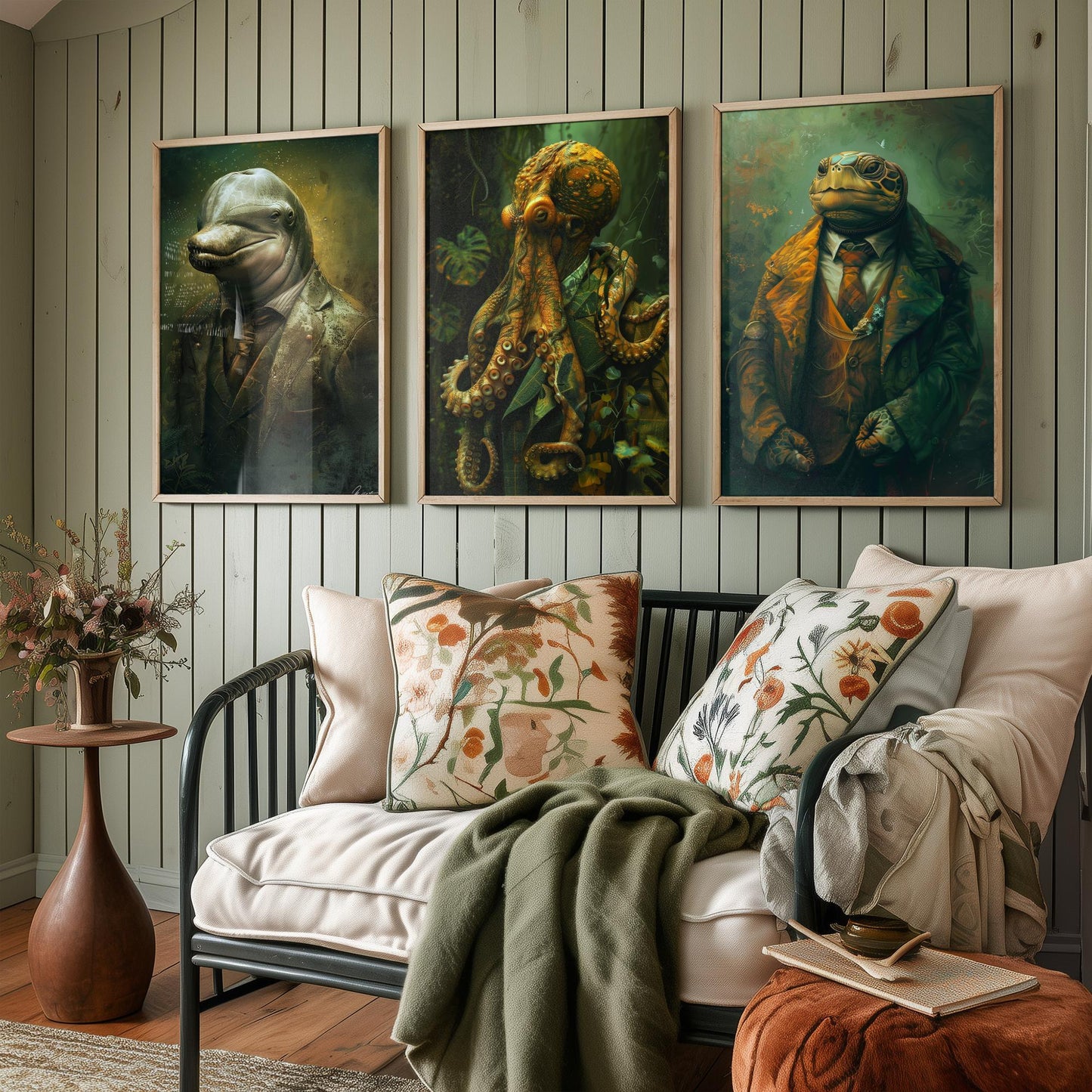 Animals in Suits Set of Three Art Prints - Dolphin, Octopus, Turtle Portrait Posters - Under the Sea Gentleman Painting