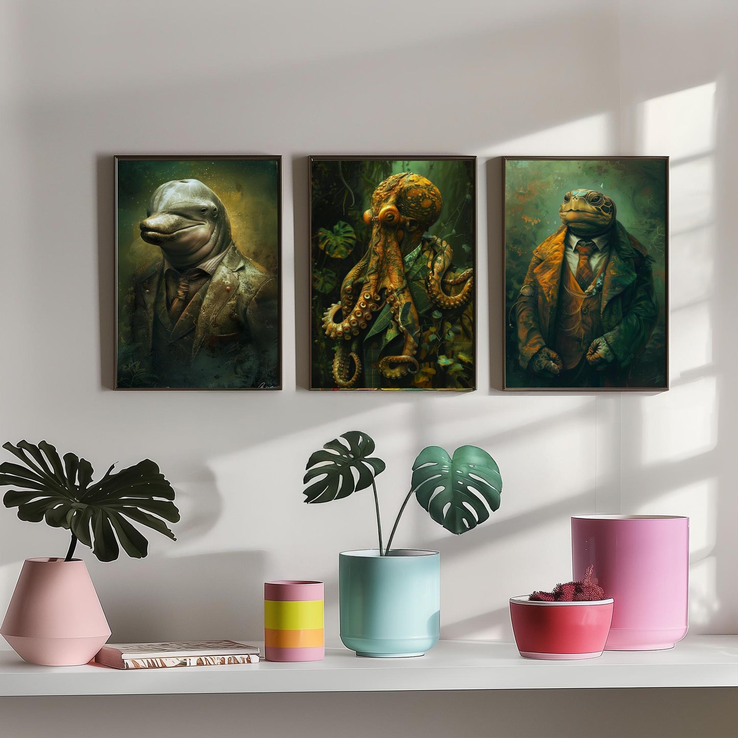 Animals in Suits Set of Three Art Prints - Dolphin, Octopus, Turtle Portrait Posters - Under the Sea Gentleman Painting